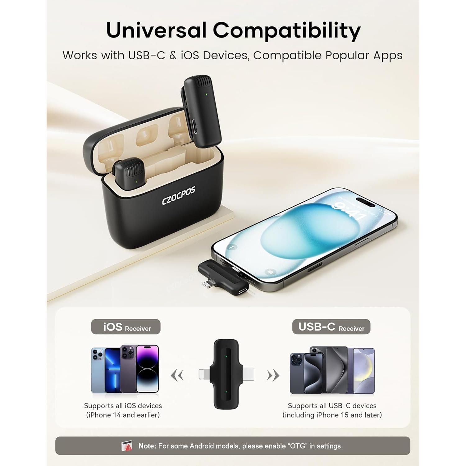 Micrófono Lavalier Inalámbrico CZOCPOS con Estuche, 36H Batería