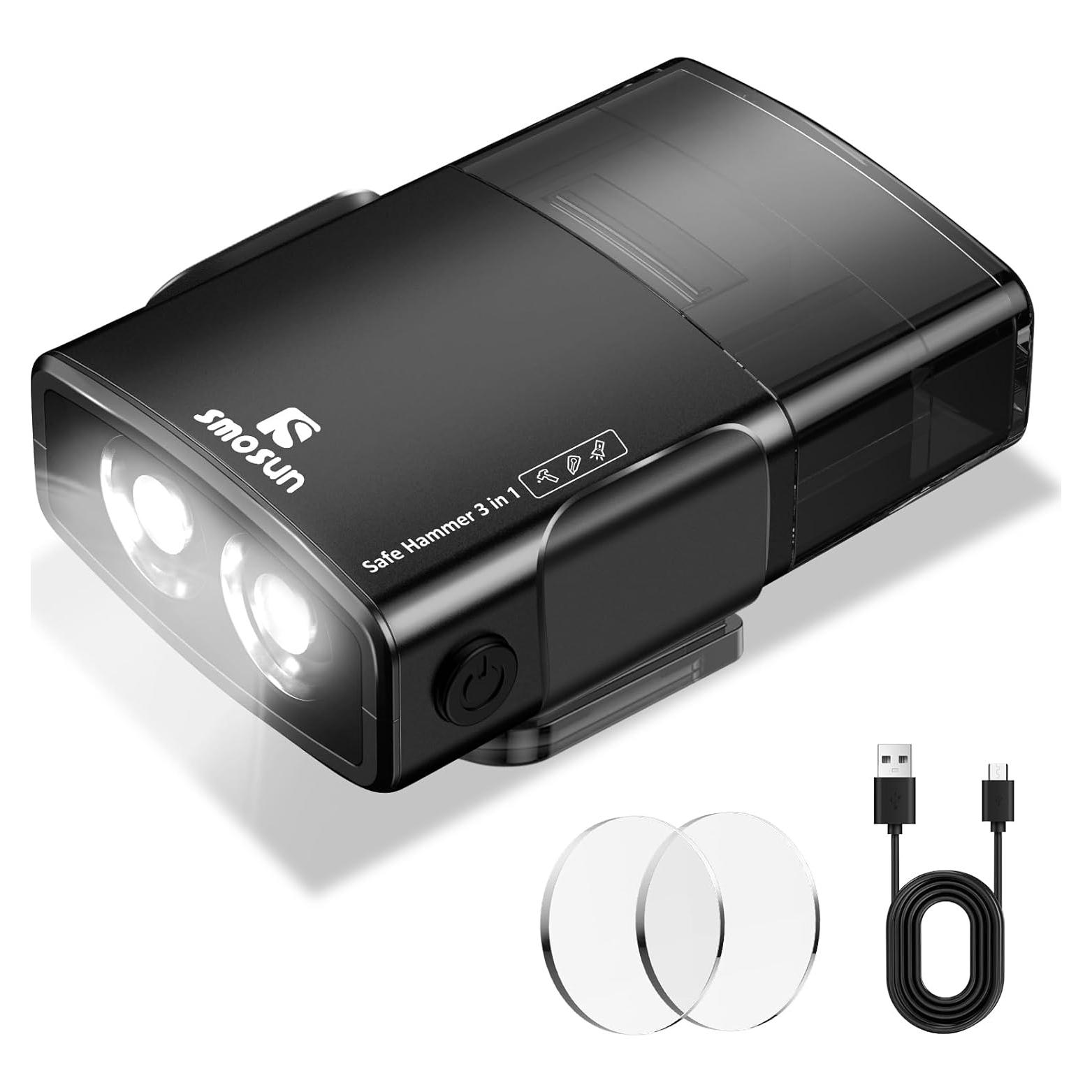 Martillo Rompe Cristales Gemgong 3 en 1 con Linterna Negra