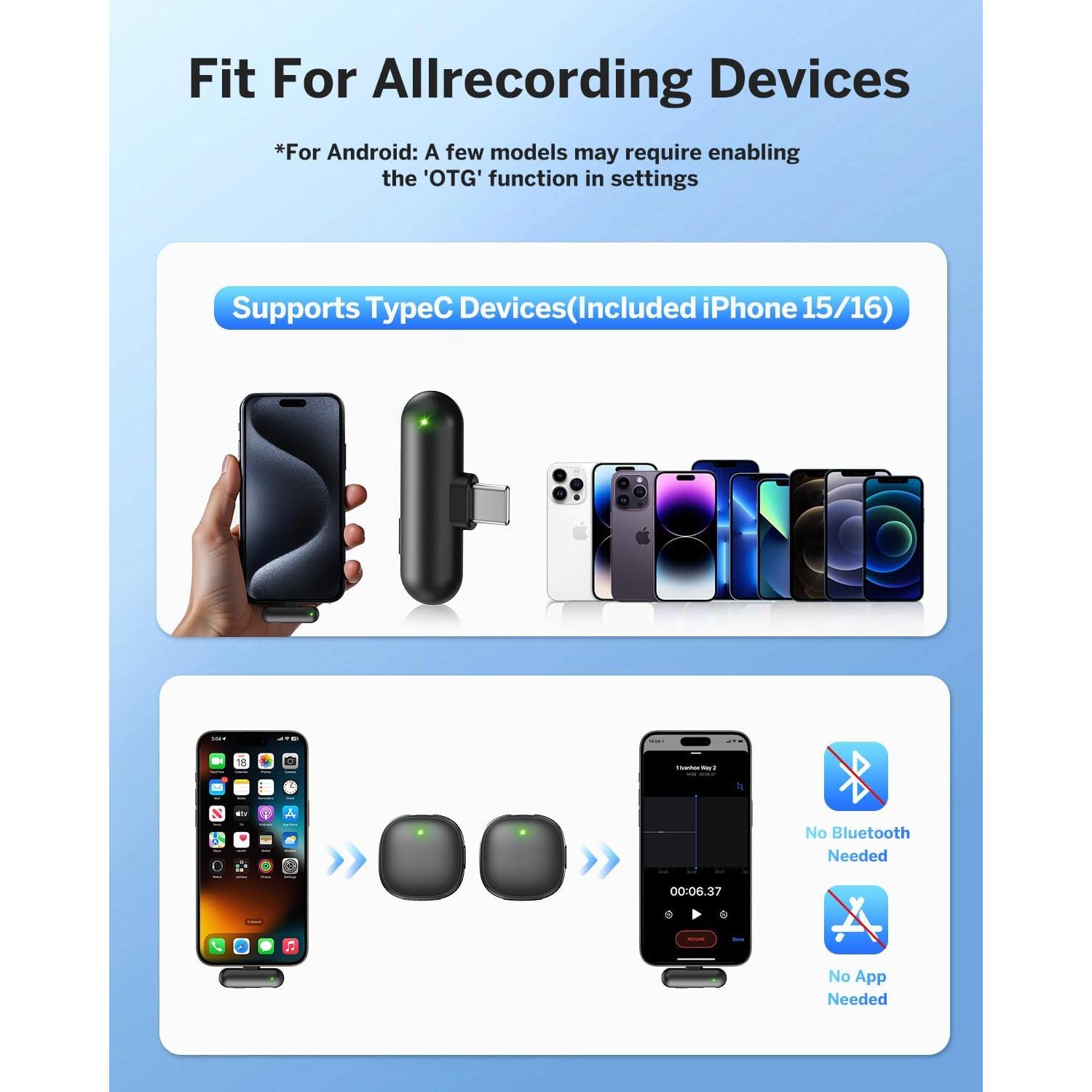 Micrófono Lavalier Inalámbrico WEWAHIVER V36 USB-C 40H Batería