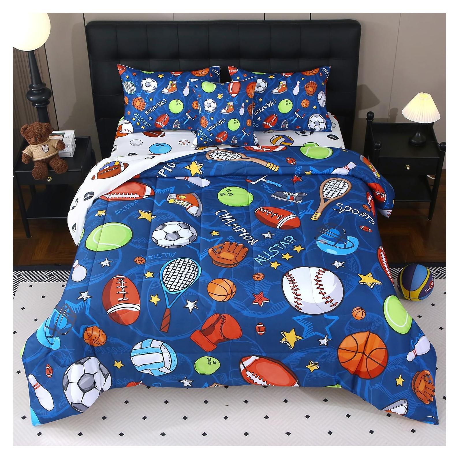 Conjunto de Edredón Gemelo JQinHome 6 Piezas Deportes Azul