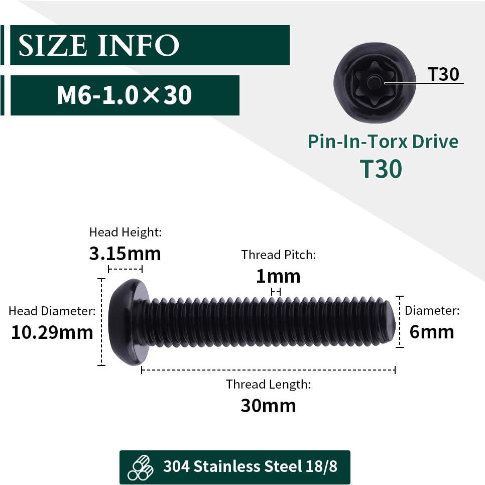 Tornillos de Seguridad Torx M6-1.0 x 30mm Acero Inoxidable 304