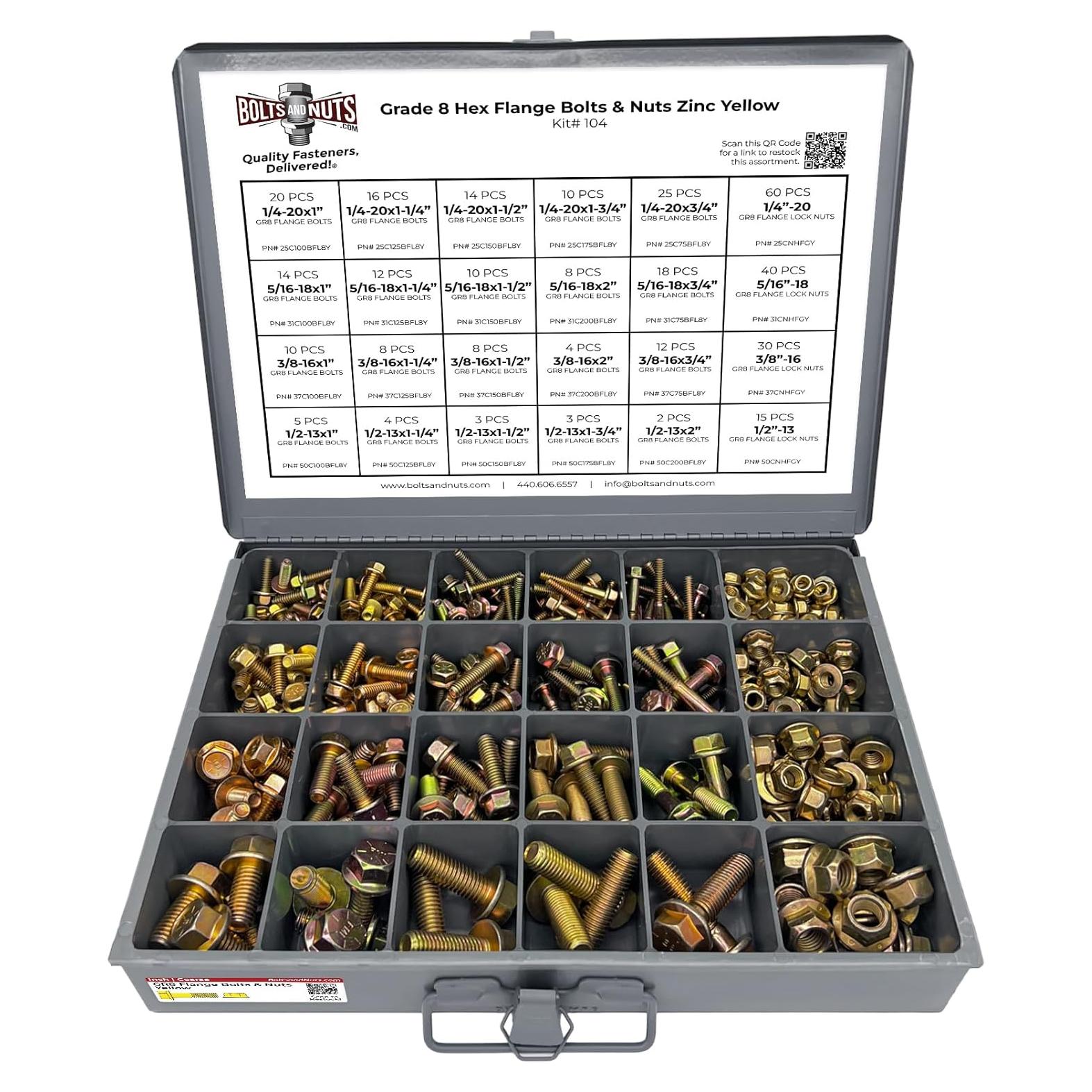 Kit de Tornillos Hexagonales Grado 8 y Tuercas de Flange - 352 Piezas