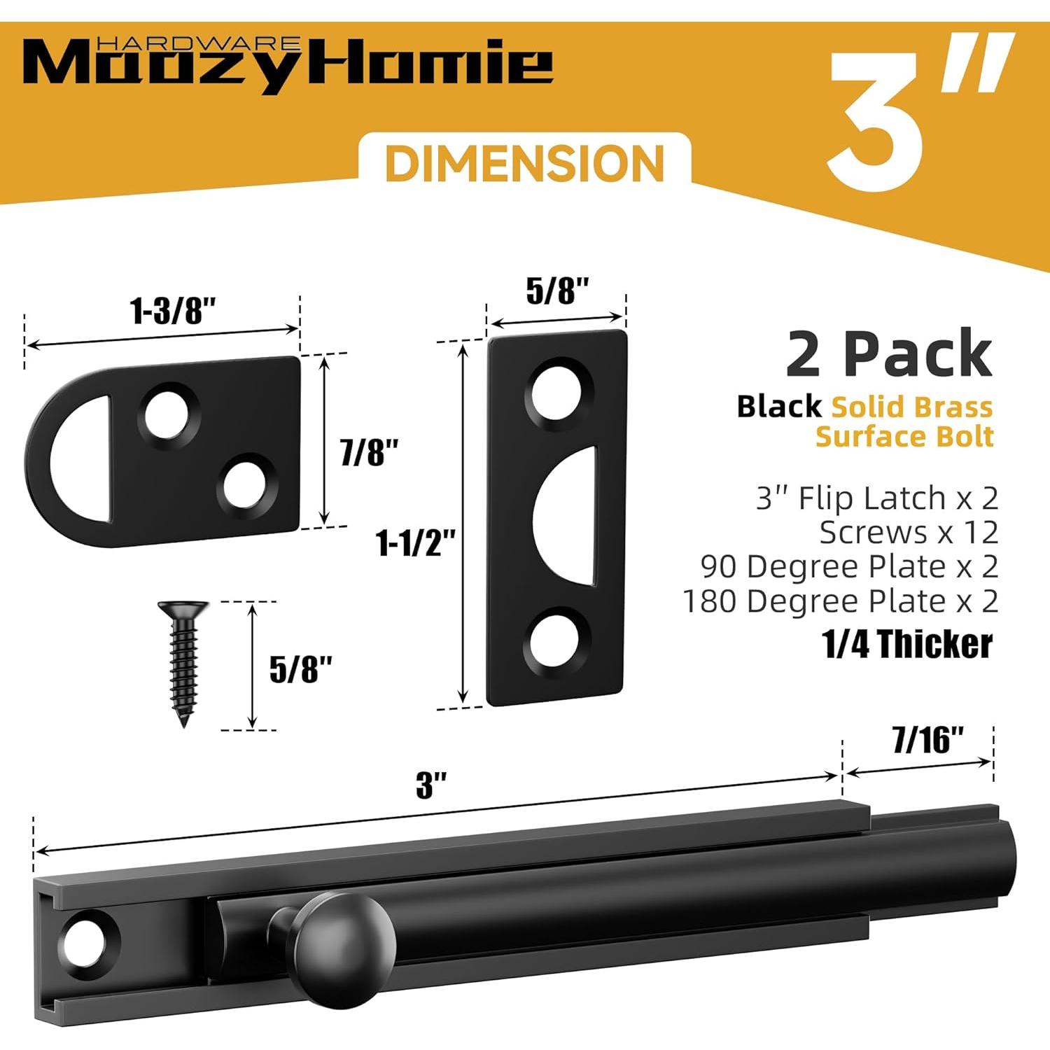 Cerradura de Tornillo Deslizante de Latón Sólido 8 cm Negra - 2 Pzas
