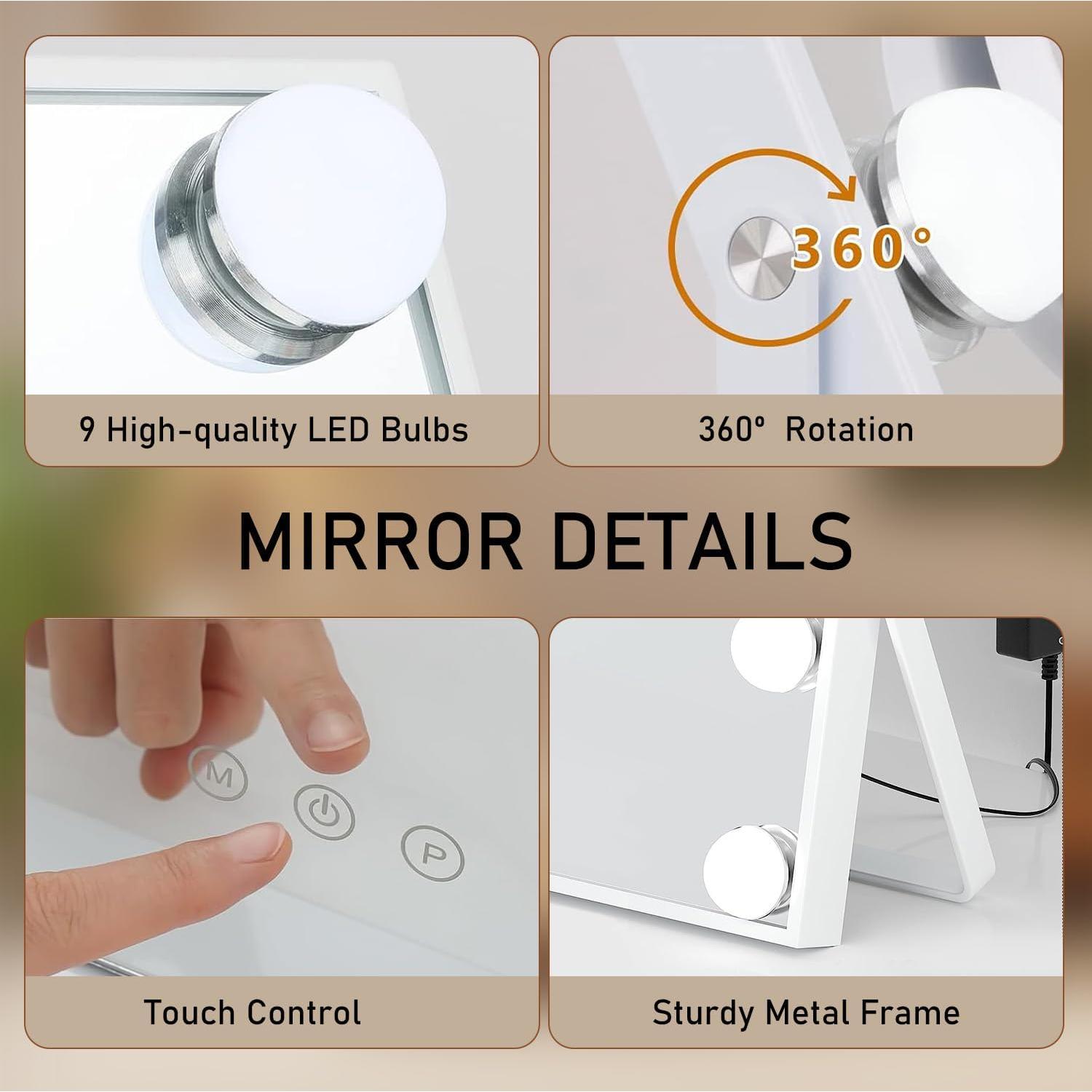 Espejo de Maquillaje Iluminado Genérico 30.48x25.4cm 360°