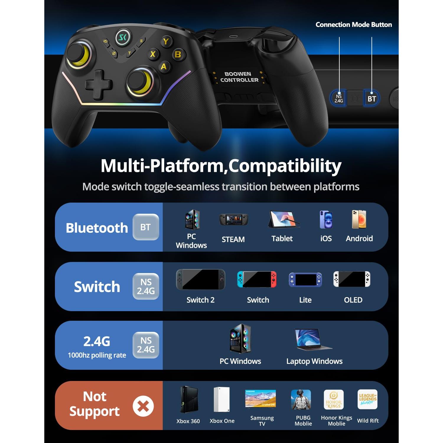 Controlador Inalámbrico Multi-Plataforma Boowen Negro con RGB