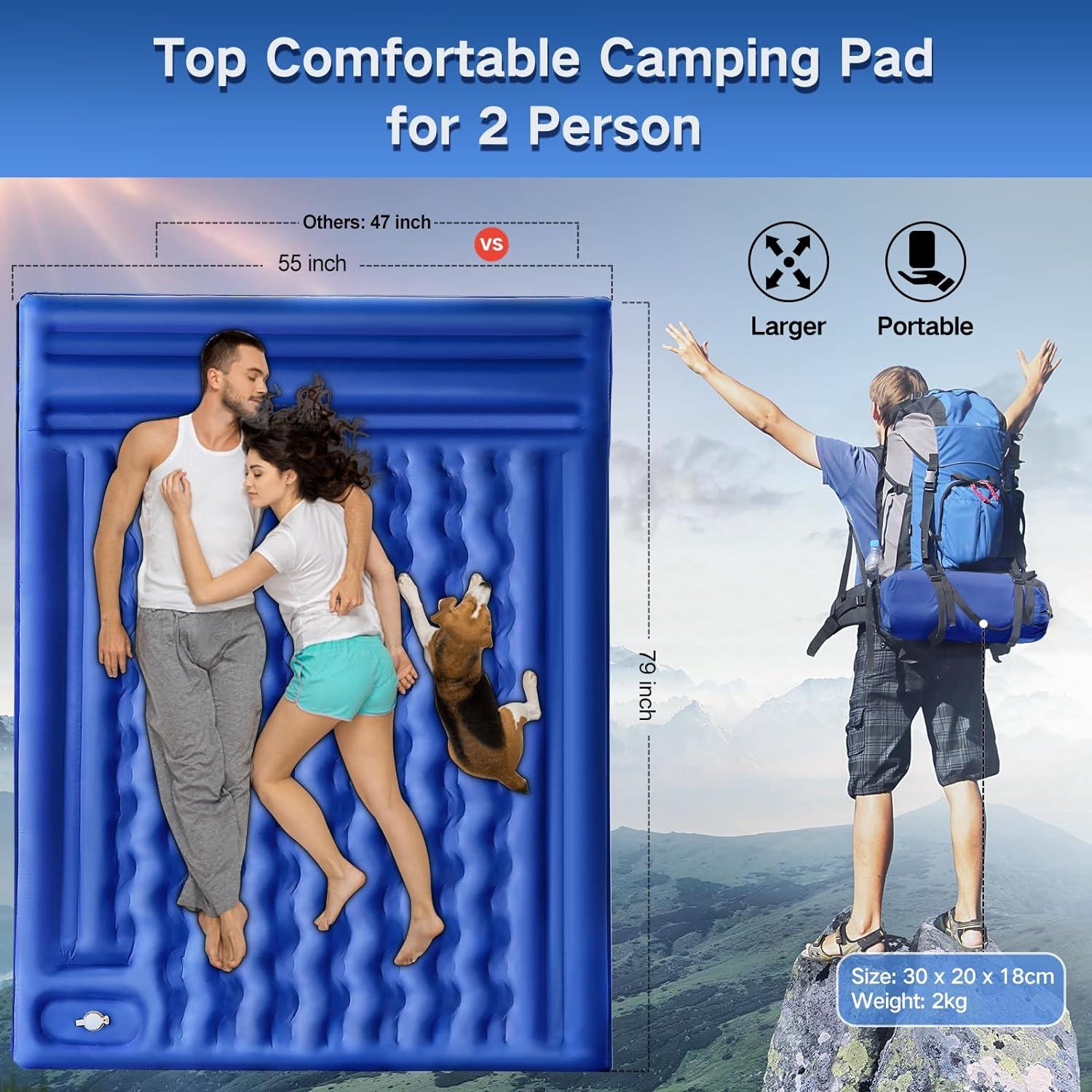 Double Sleeping Pad Camping, Self Inflating 6'' Extra-Thick 2 Person Pillow Built-in Foot Pump Waterproof Inflatable Sleeping Mat Backpacking, Tent, Hiking, Portable Camping Pad (Navy Grey)