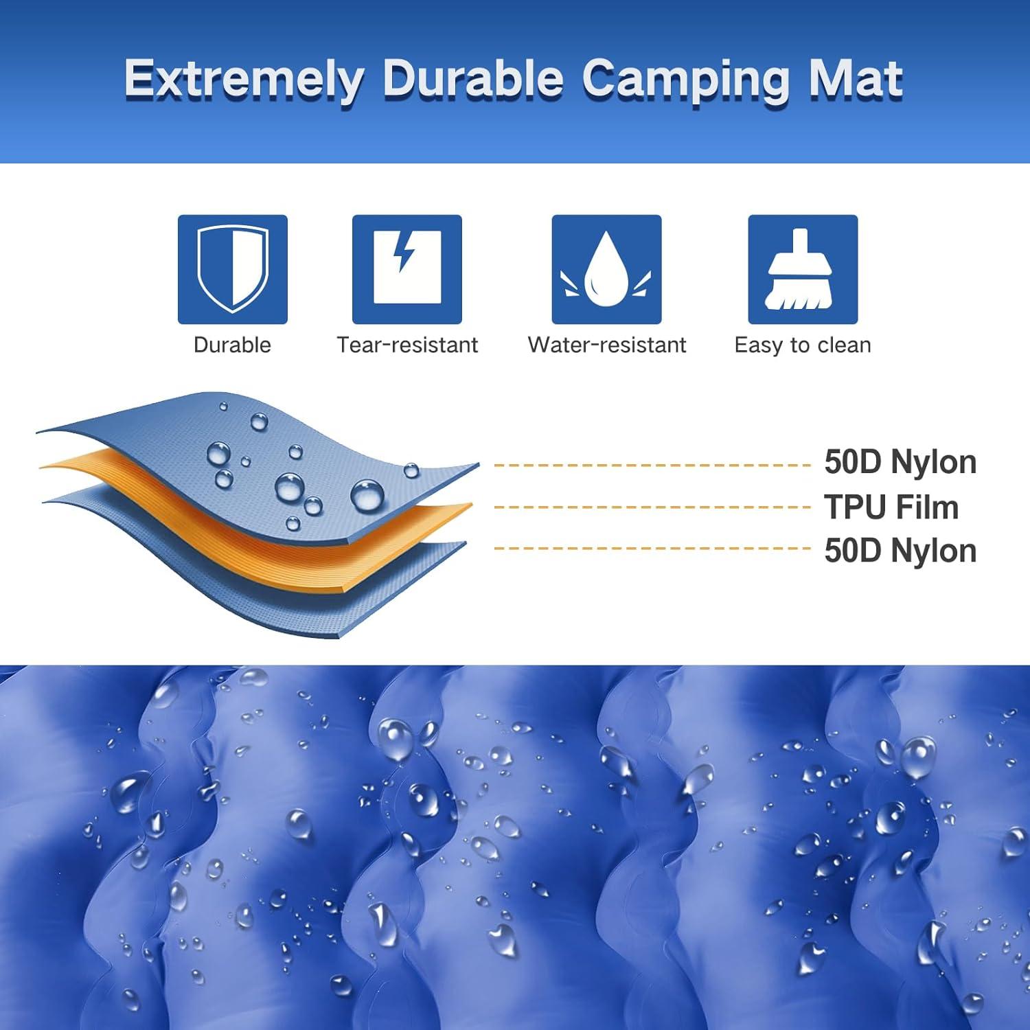 Double Sleeping Pad Camping, Self Inflating 6'' Extra-Thick 2 Person Pillow Built-in Foot Pump Waterproof Inflatable Sleeping Mat Backpacking, Tent, Hiking, Portable Camping Pad (Navy Grey)