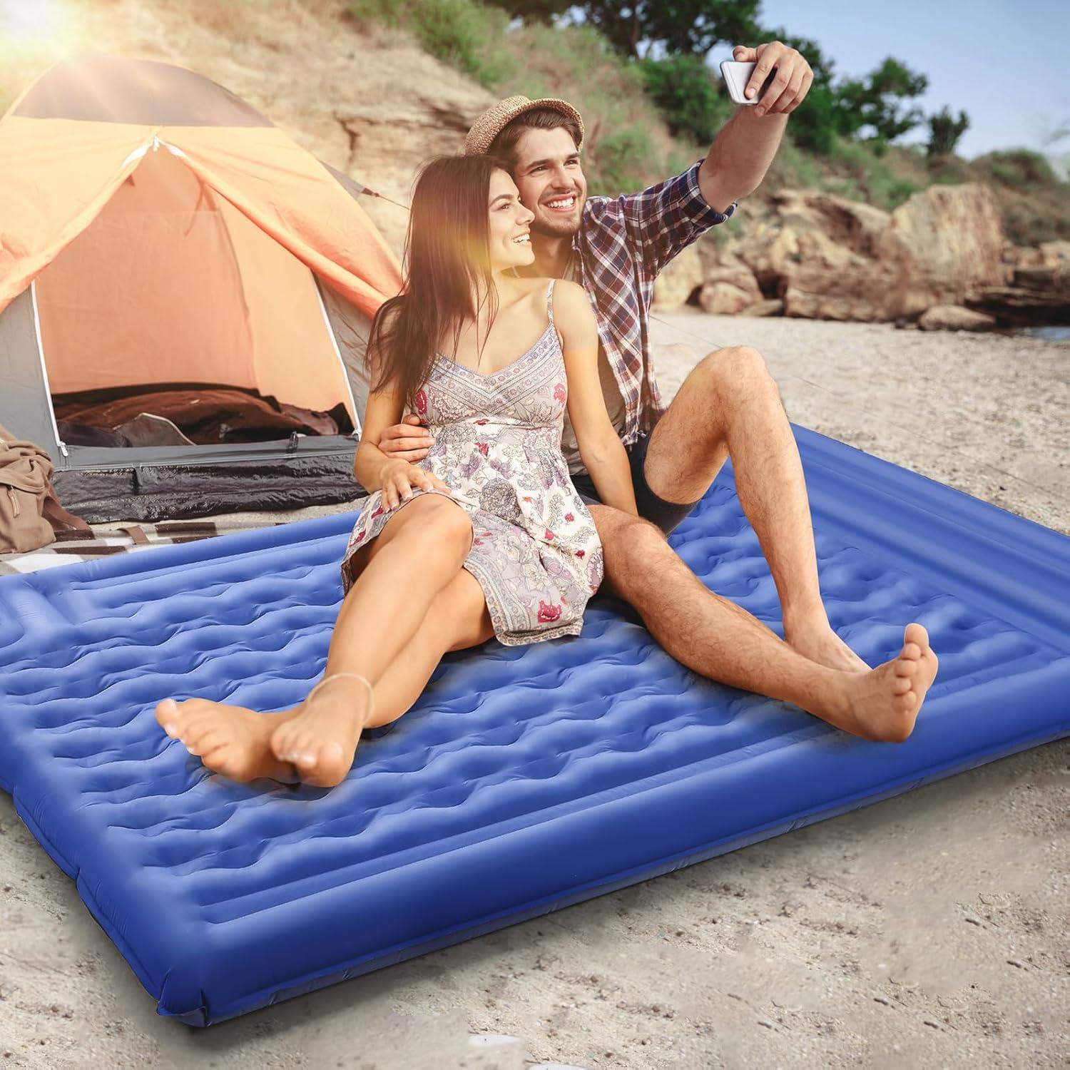 Double Sleeping Pad Camping, Self Inflating 6'' Extra-Thick 2 Person Pillow Built-in Foot Pump Waterproof Inflatable Sleeping Mat Backpacking, Tent, Hiking, Portable Camping Pad (Navy Grey)