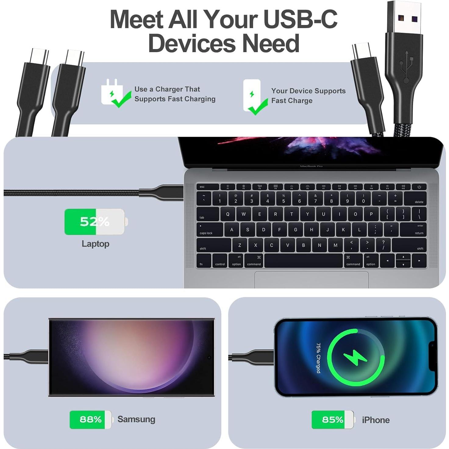 Paquete de 4 Cables de Carga Rápida 60W USB-C Famoby 0.94m