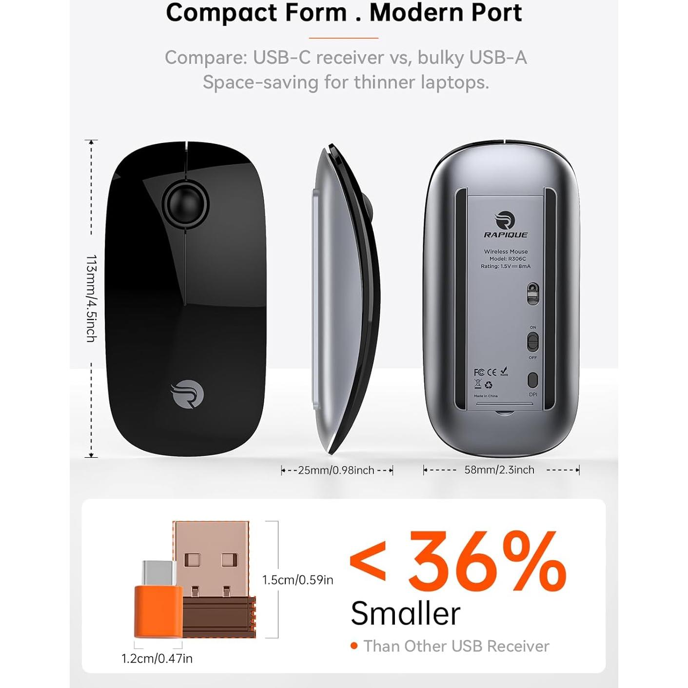 RAPIQUE R306C Ratón Inalámbrico USB-C Silencioso Negro