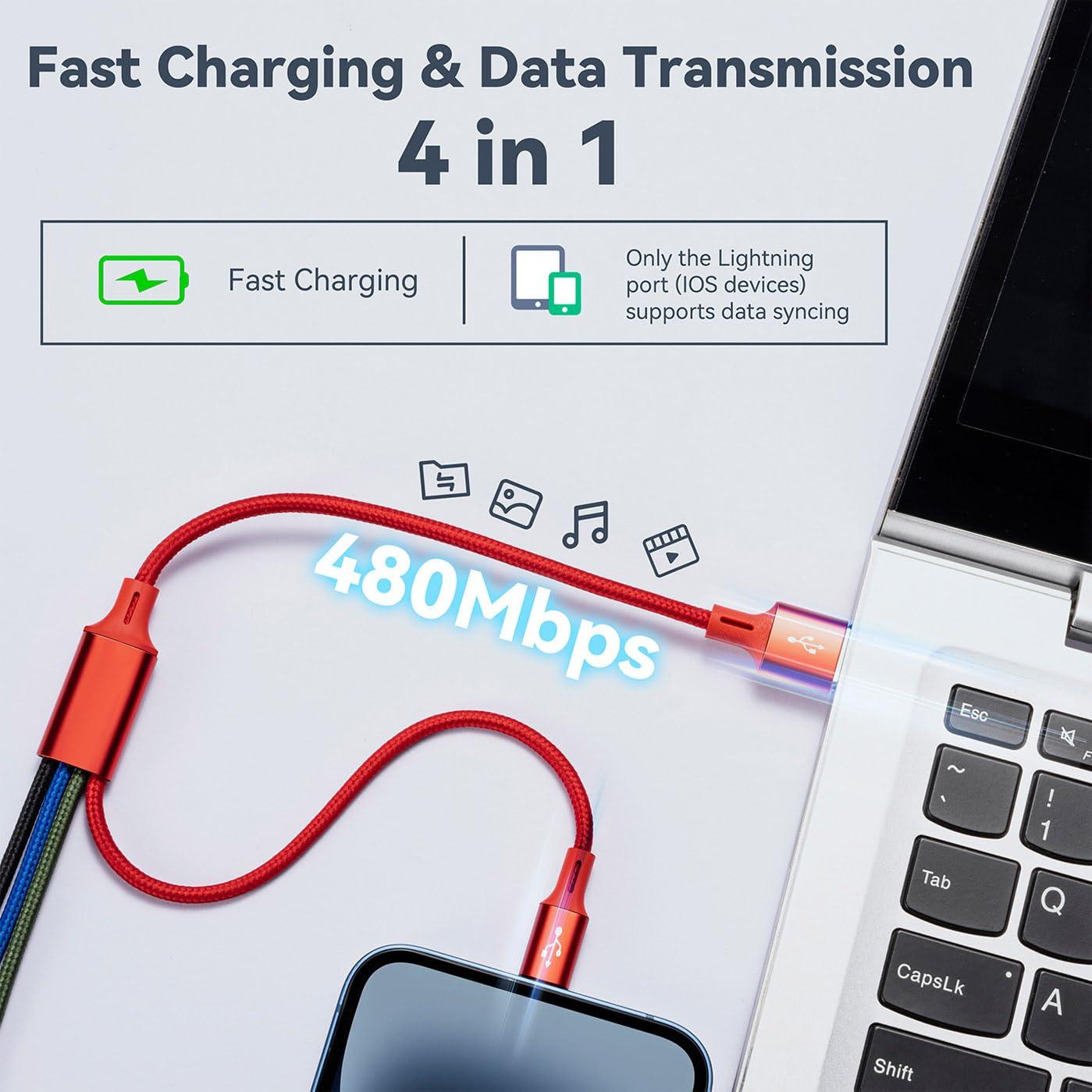 Cable de Carga 4 en 1 Minlu 1 Pie USB-C, Micro USB, iP