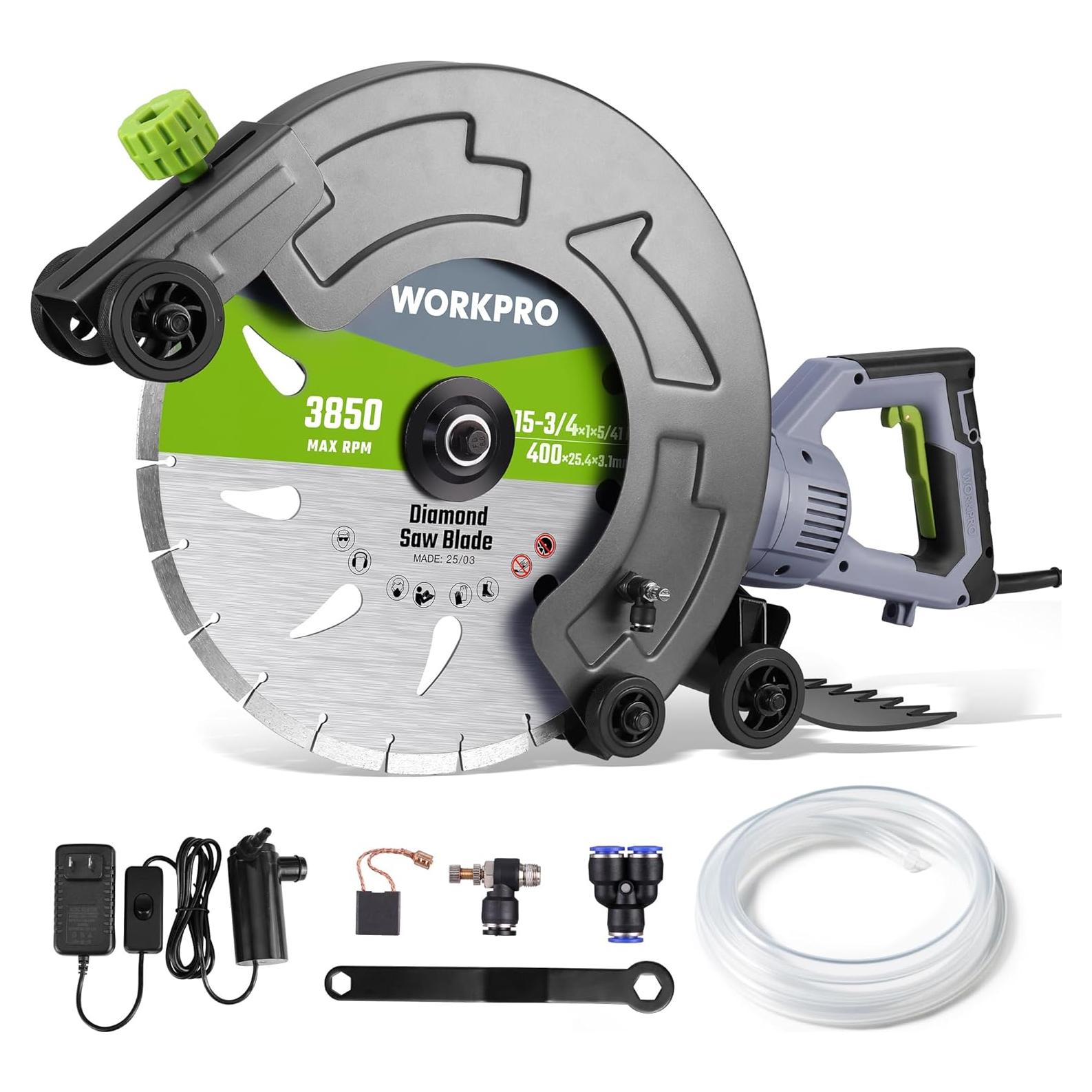 WORKPRO 16 Inch Wet Concrete Saw with Water Cutting Attachment, 1600W 3100RPM Electric Concrete Saw, Max Cutting Depth 6.69", Ideal for House, Foundation, Courtyard Renovation