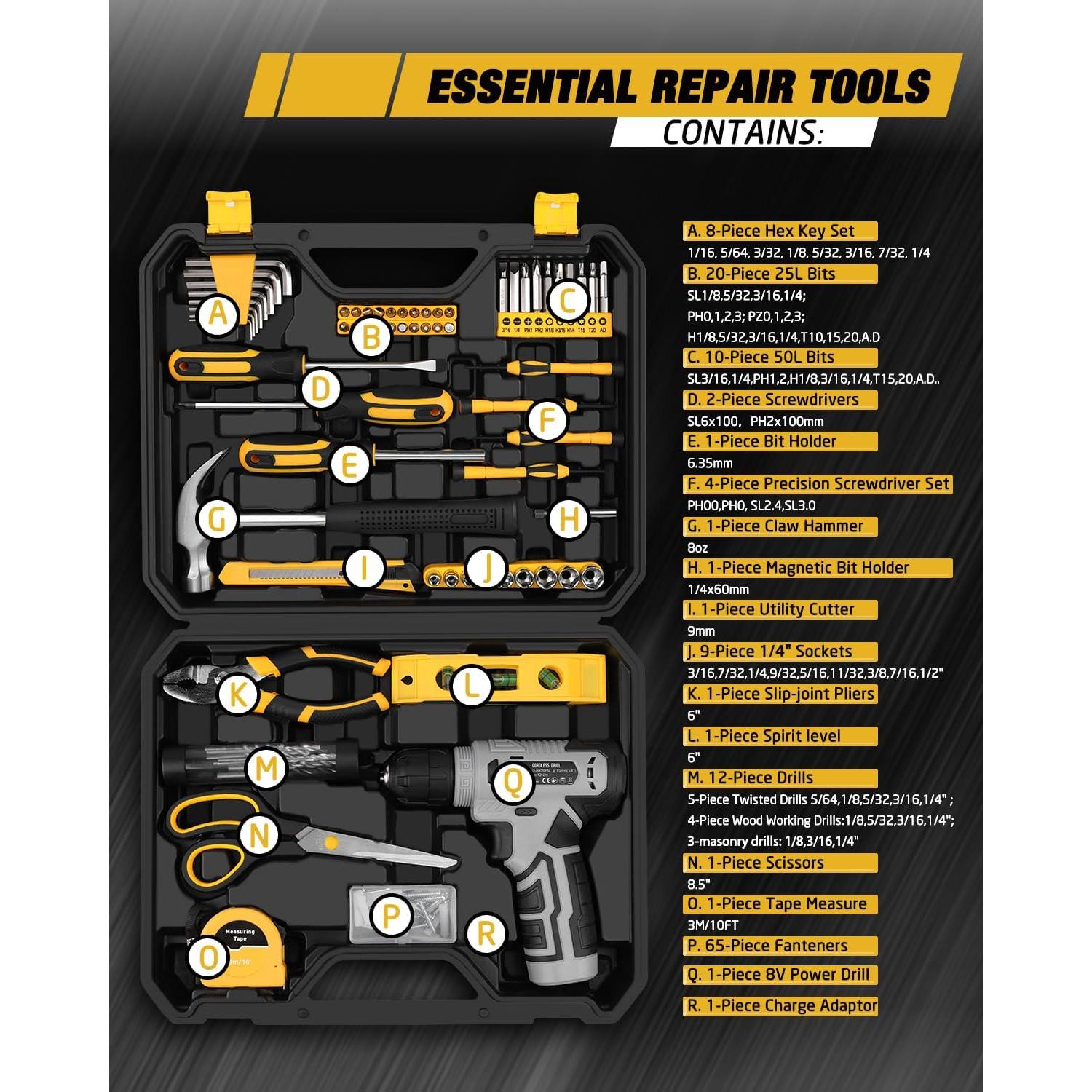 Juego de Herramientas 139 Piezas YingQu con Taladro Inalámbrico 8V