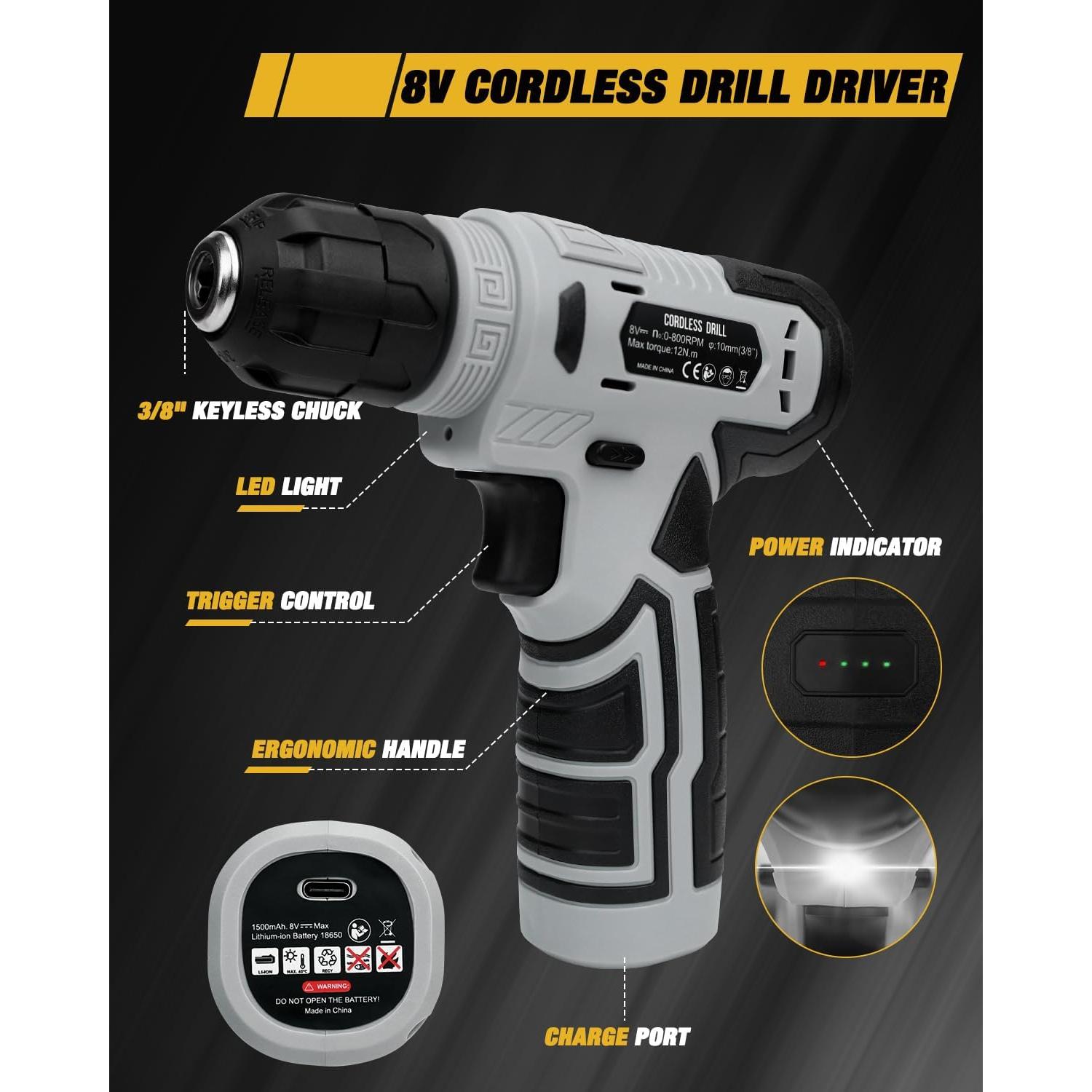 Juego de Herramientas 139 Piezas YingQu con Taladro Inalámbrico 8V