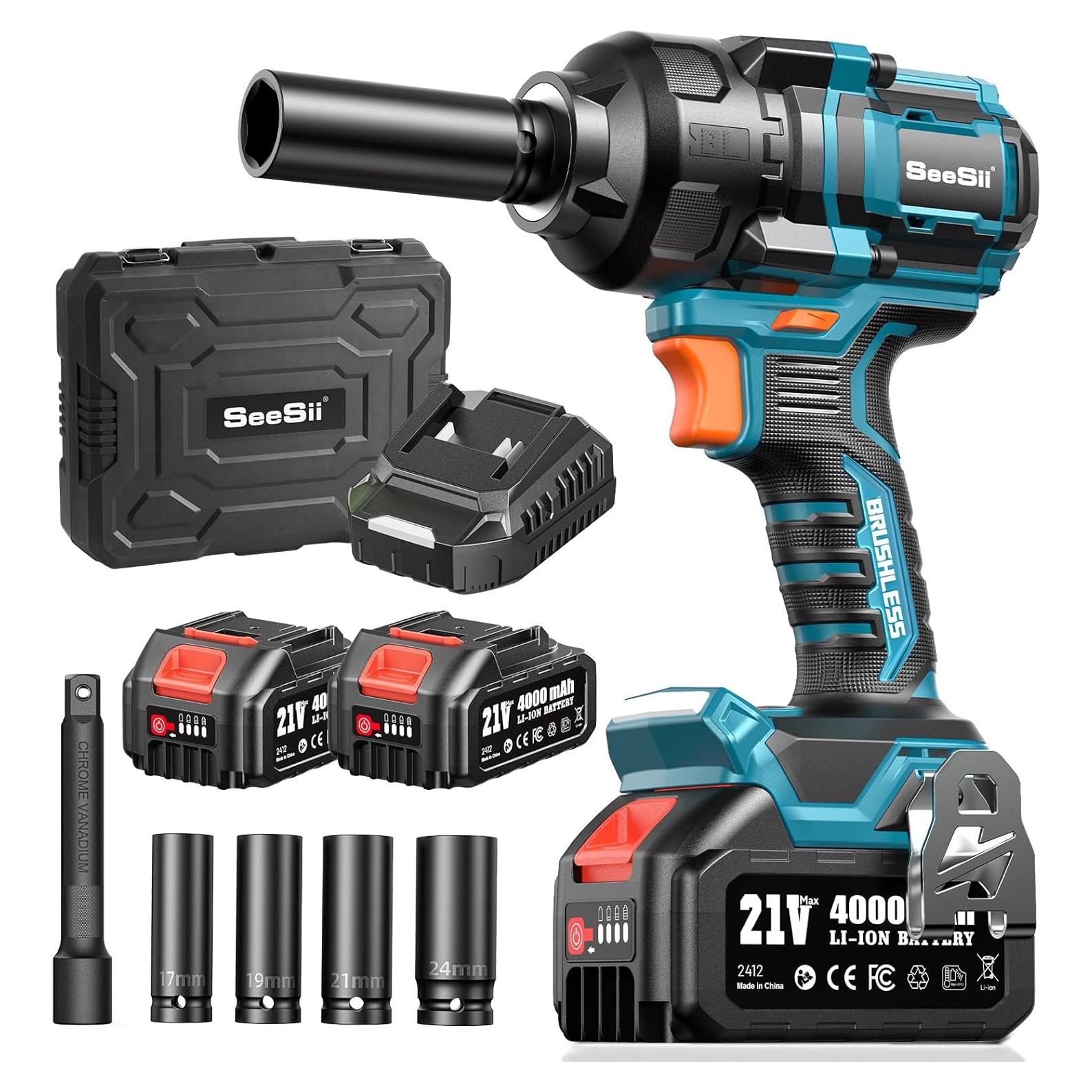 Llave de impacto inalámbrica Seesii 21V 1200Nm 2900IPM con 4 sockets