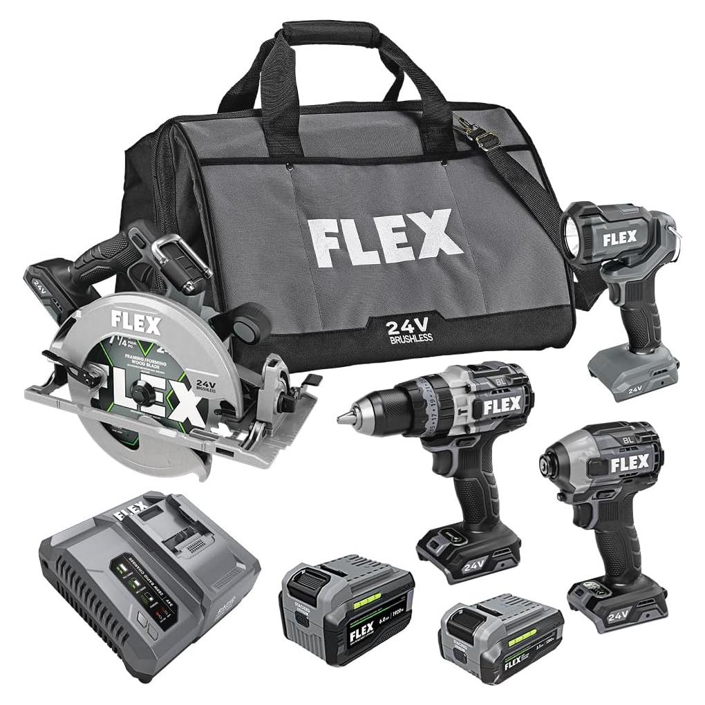 Kit de Herramientas Inalámbricas FLEX 24V - Taladro, Sierra, Luz