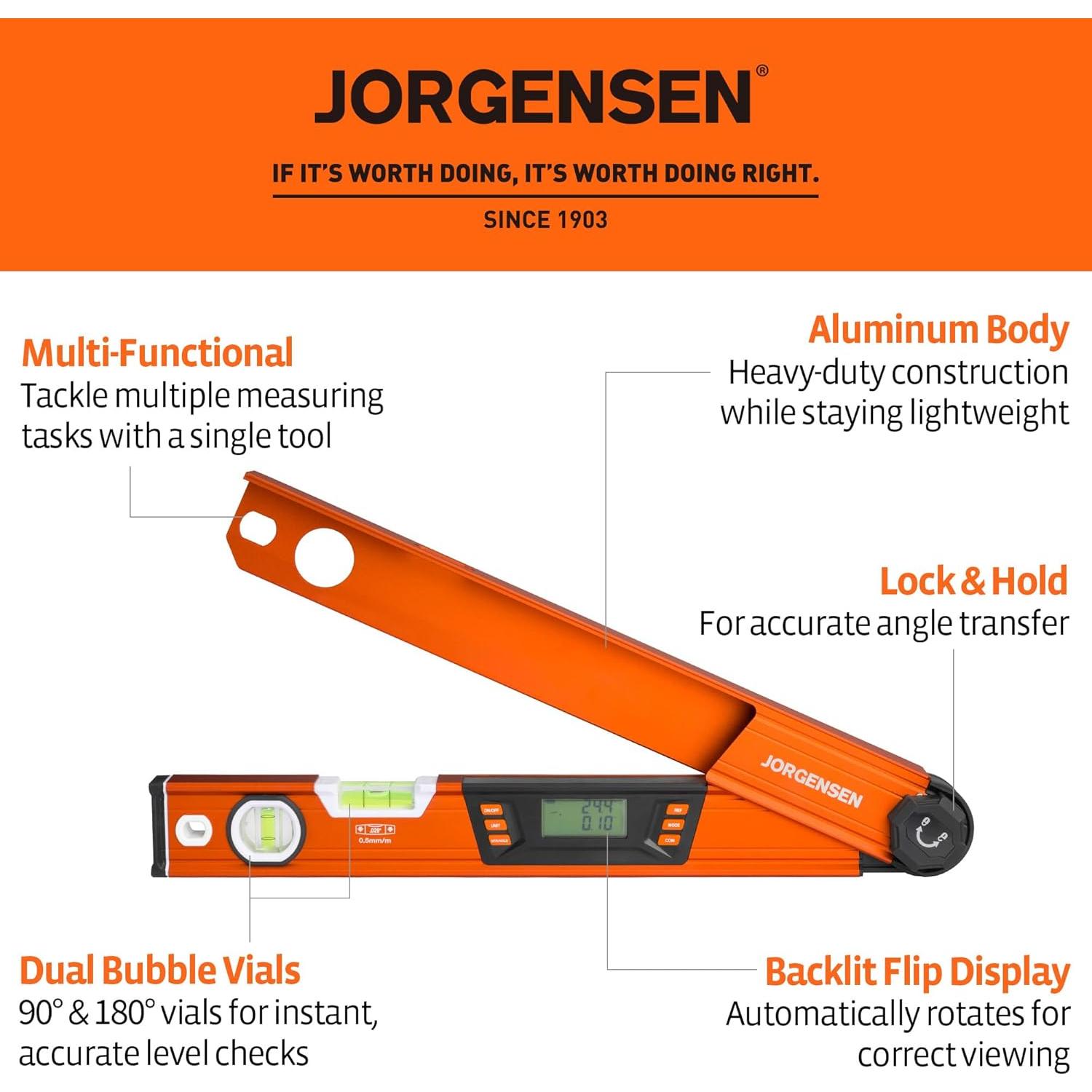 JORGENSEN Digital Angle Finder, Multi Angle Finder Tool with Backlit LCD, Protractor Digital Level with Horizontal & Vertical Bubble