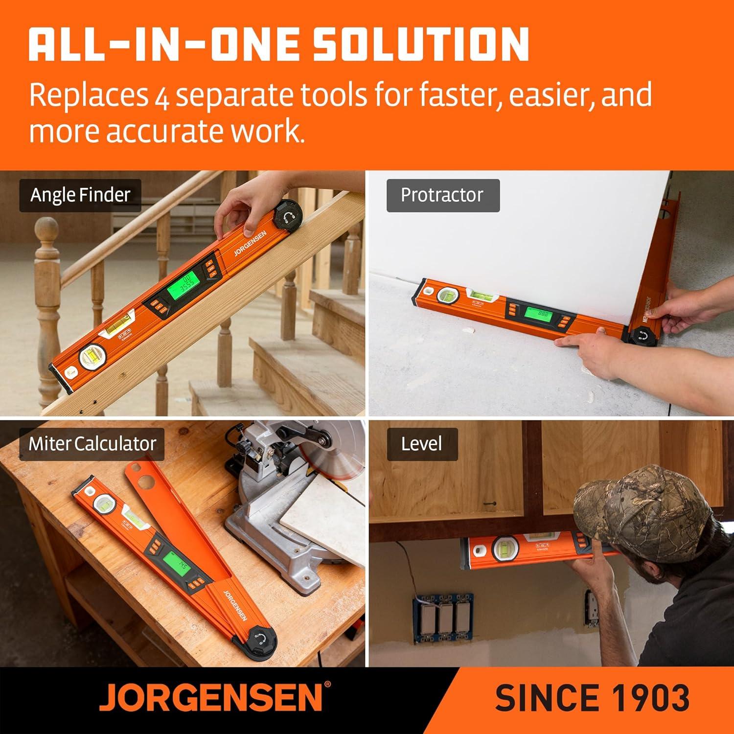 JORGENSEN Digital Angle Finder, Multi Angle Finder Tool with Backlit LCD, Protractor Digital Level with Horizontal & Vertical Bubble