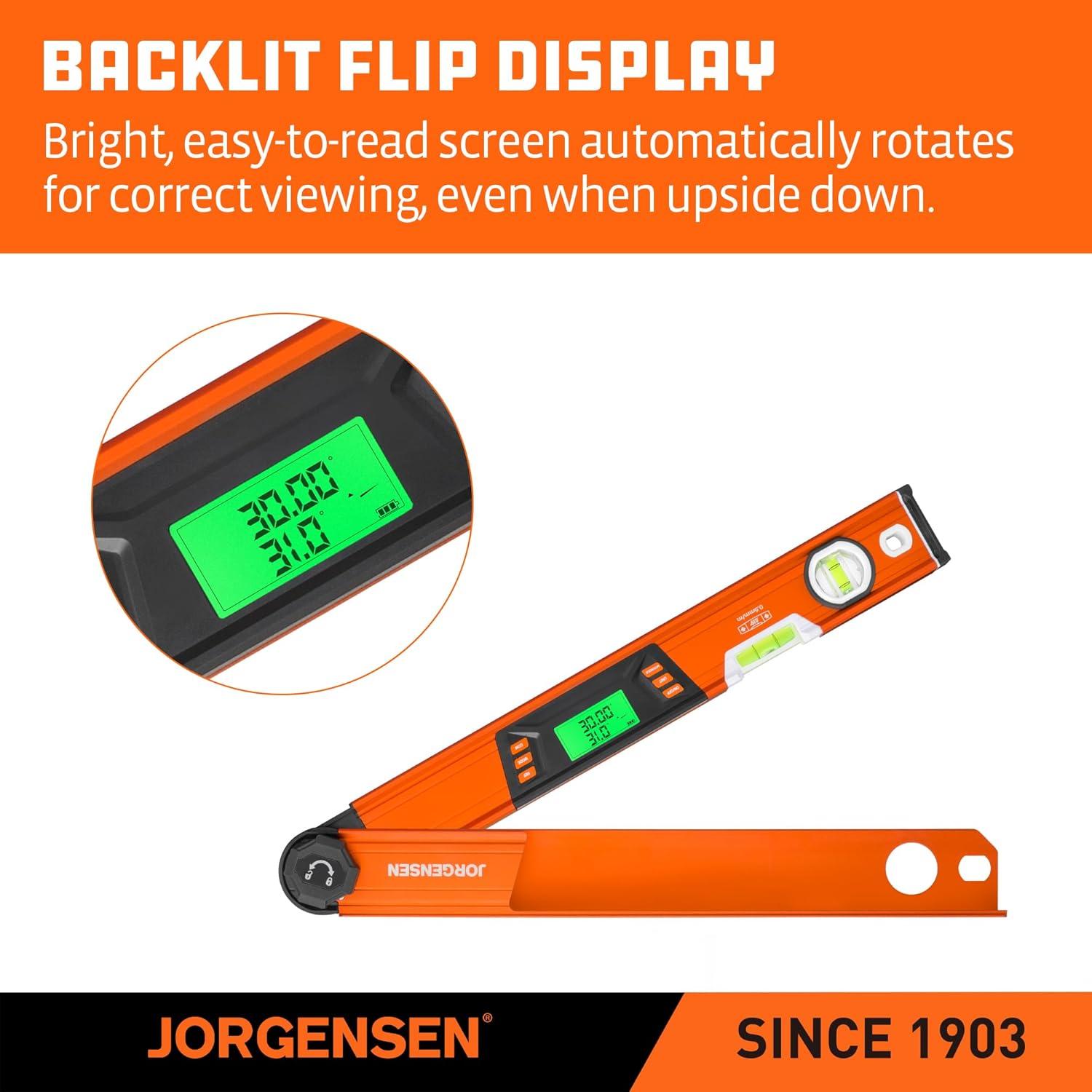 JORGENSEN Digital Angle Finder, Multi Angle Finder Tool with Backlit LCD, Protractor Digital Level with Horizontal & Vertical Bubble