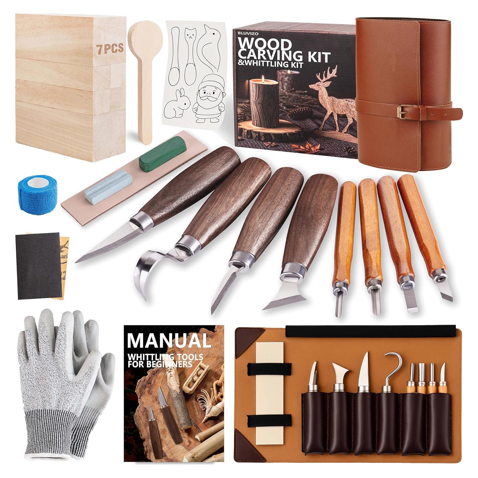 Kit de Tallado en Madera Bluvizo 25 en 1 con Estuche de Cuero
