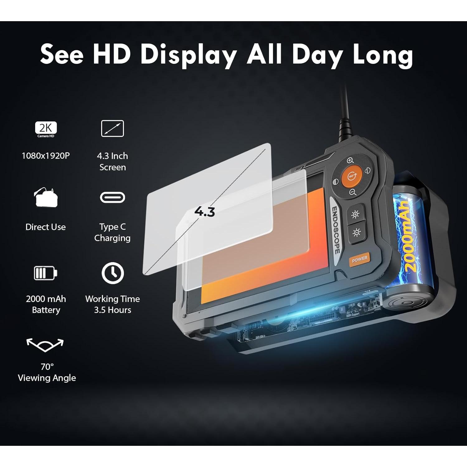 Cámara Endoscopio Amylac 5m IP67 1080P con Luz 4.3"