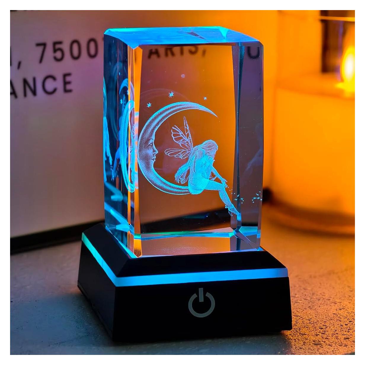 Luz Nocturna de Cristal 3D Hada y Luna con Base LED Colorida