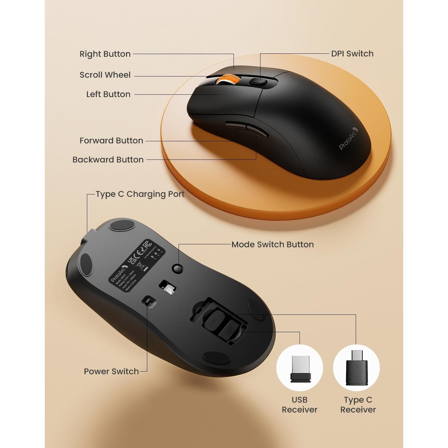 Ratón Inalámbrico Bluetooth ProtoArc EM15 Recargable Negro