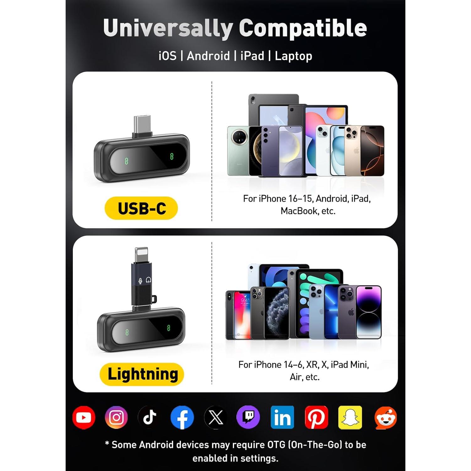 Micrófono Inalámbrico Lavalier Pufazest J20TC USB-C y Lightning