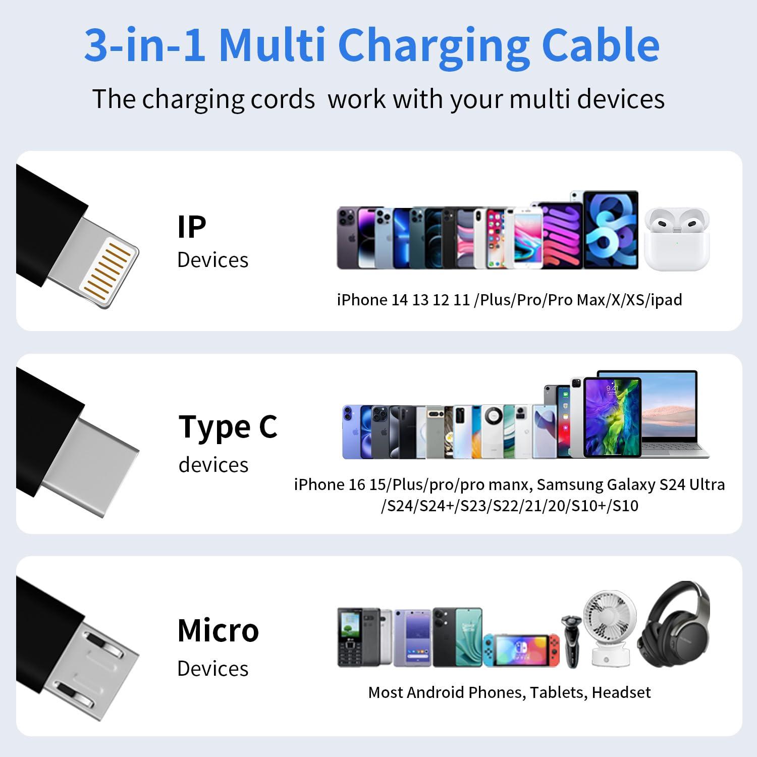 Cable de Carga 3 en 1 Jogrytece 1.22m USB C, Micro USB, Lightning