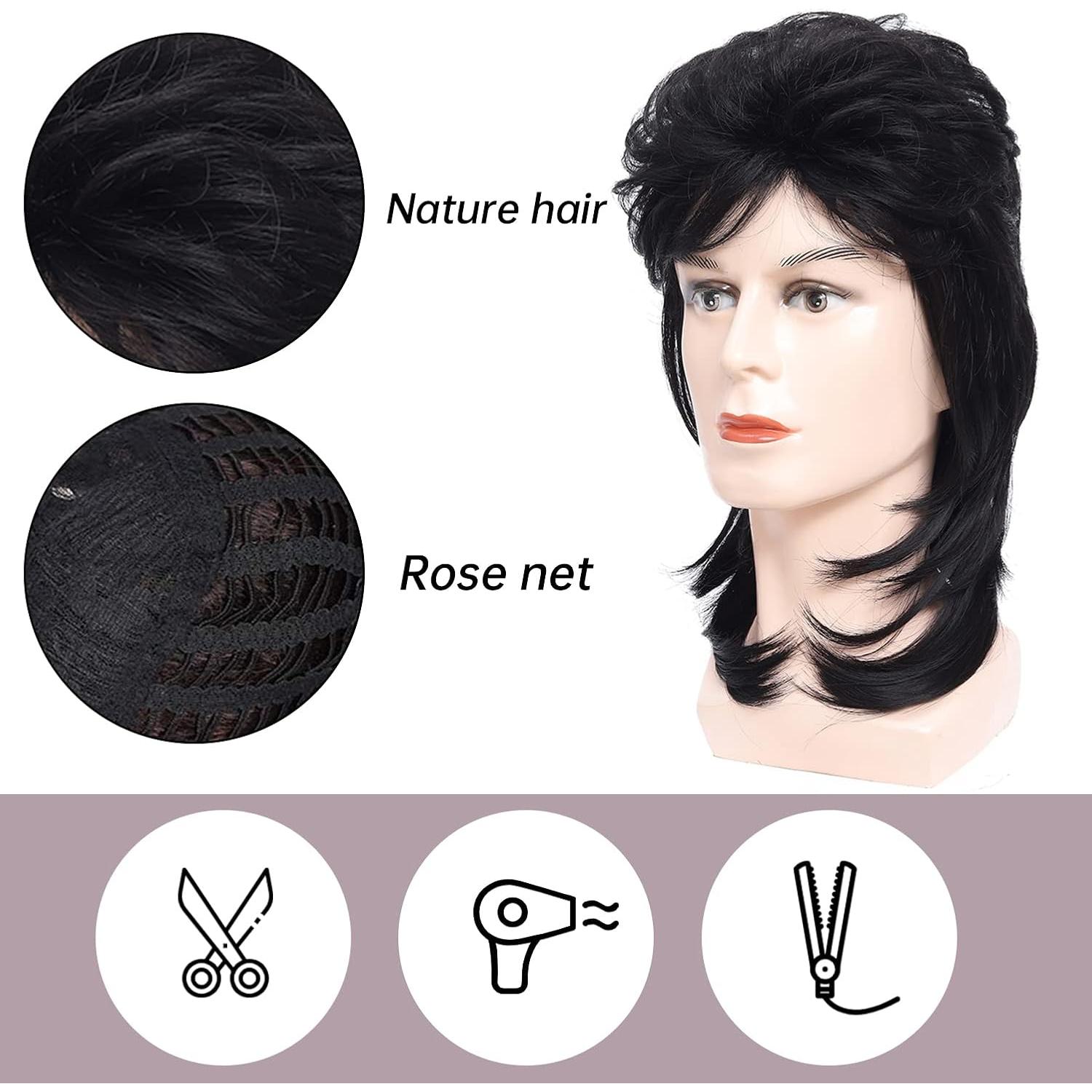 Peluca Mullet Traqur para Hombre Ajustable 58 cm Negro