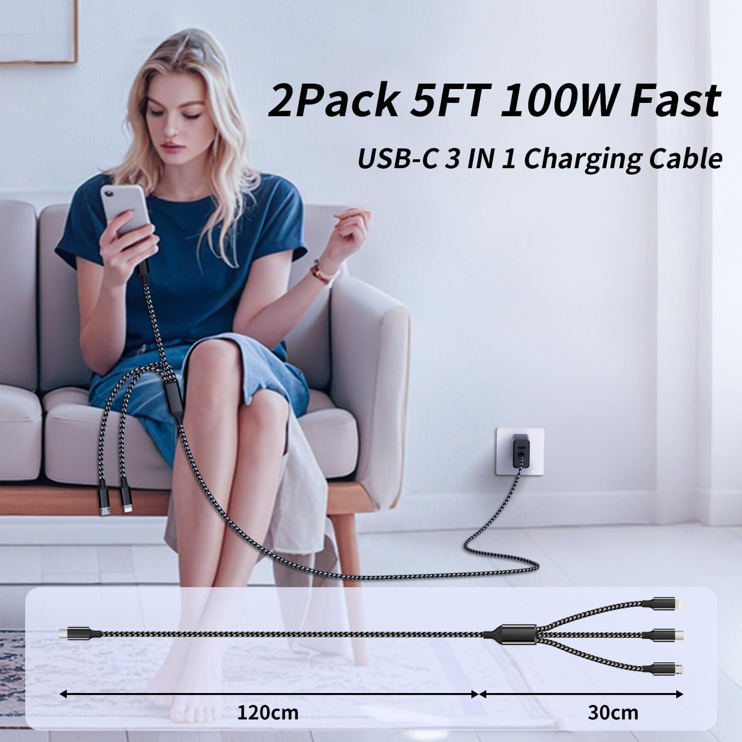 Cable de Carga Rápida USB C 3 en 1 IDISON 100W 1.5M (2Pack)
