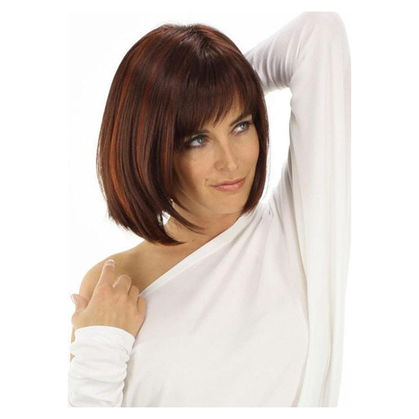 Peluca Bob Corto Burdeos con Mechas Rojas y Flequillo