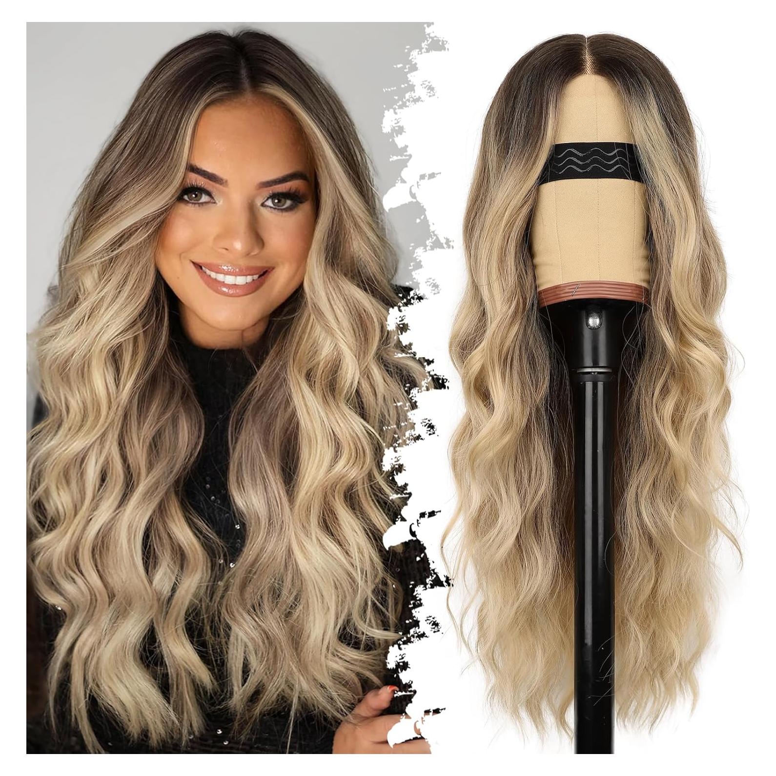 Peluca Ombre Rubia Eawwii Larga Ondulada 66 cm Sin Pegamento