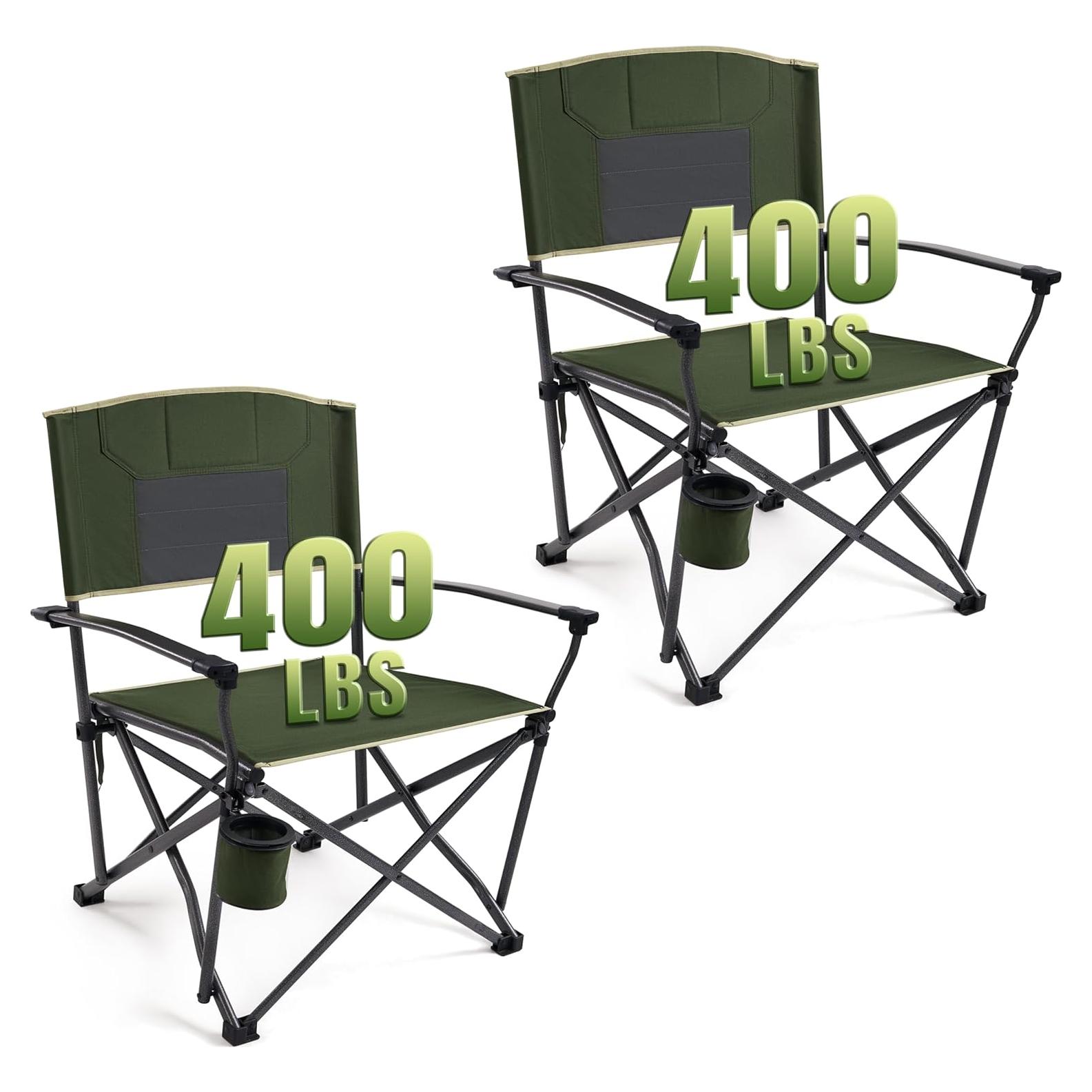 2PCS Oversized Folding Camping Chairs for Adults Heavy Duty Camp Chair Support 400 LBS Steel Frame Metal Arm Lawn Chairs with Swivel Cup Holder, Extra Large Outdoor Chairs Green