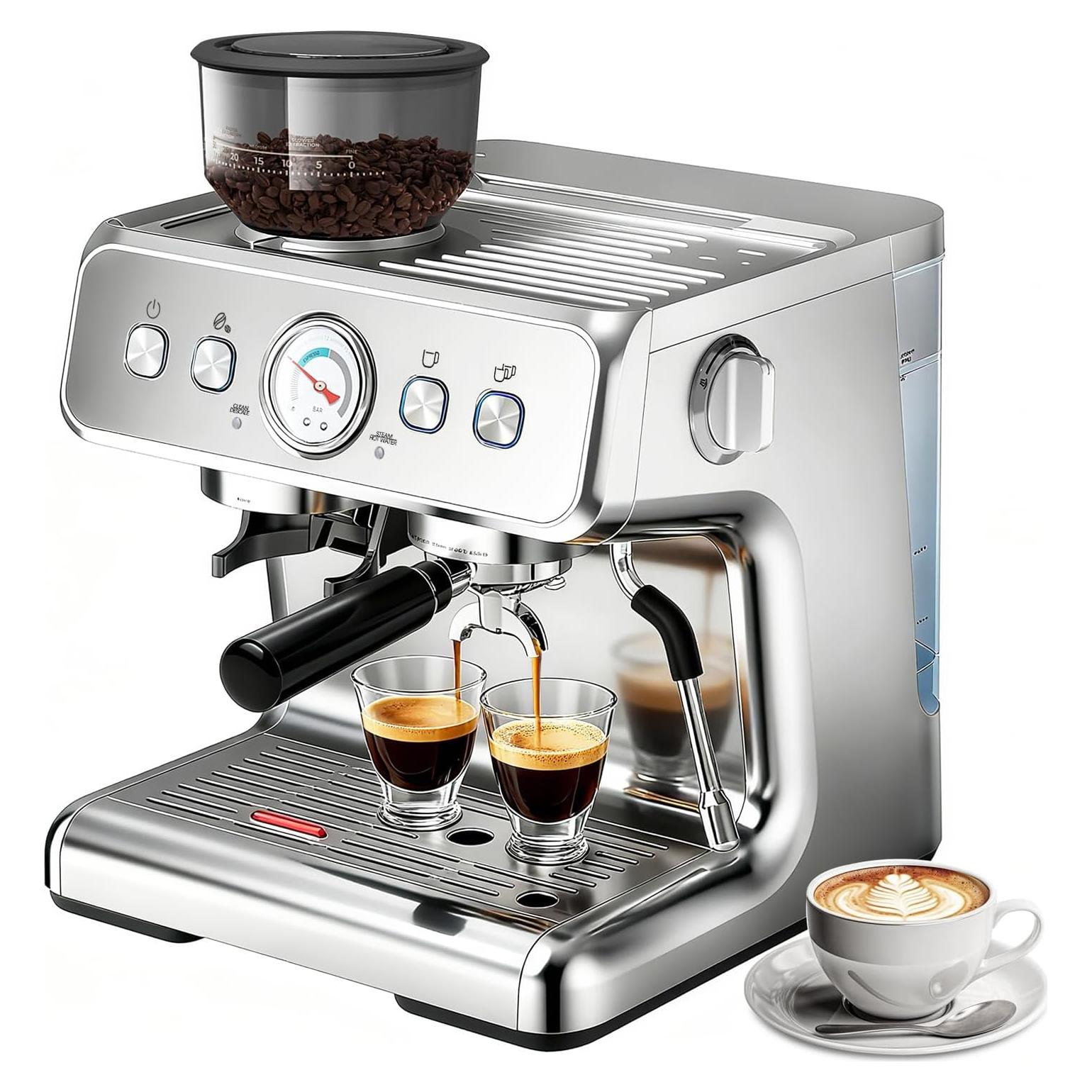 Espresso Machine, 20 Bar Semi-Automatic Espresso Machine with Grinder & Milk Frother Steam Wand, 1450W Home Cappuccino Latte Machine with Removable 95 Oz Water Tank, Stainless Steel