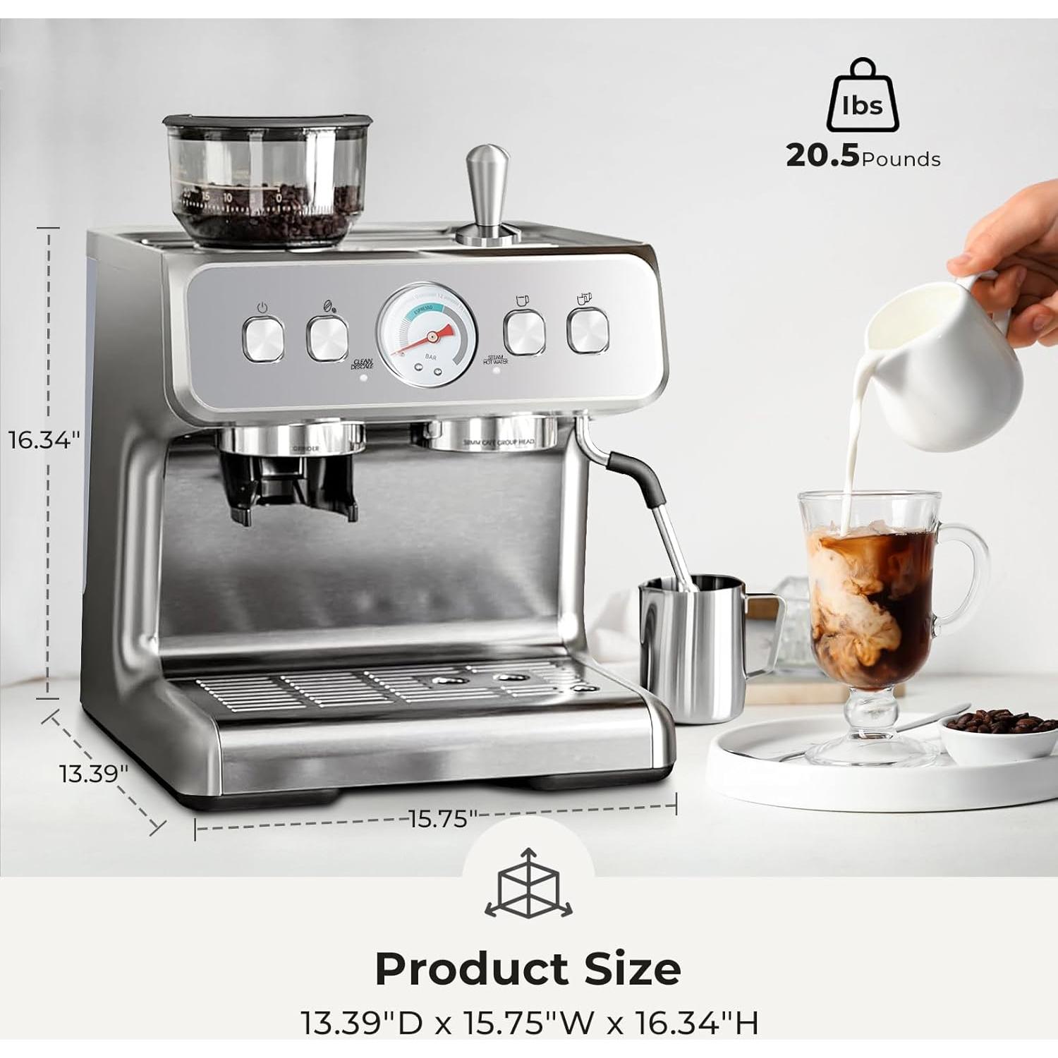 Espresso Machine, 20 Bar Semi-Automatic Espresso Machine with Grinder & Milk Frother Steam Wand, 1450W Home Cappuccino Latte Machine with Removable 95 Oz Water Tank, Stainless Steel
