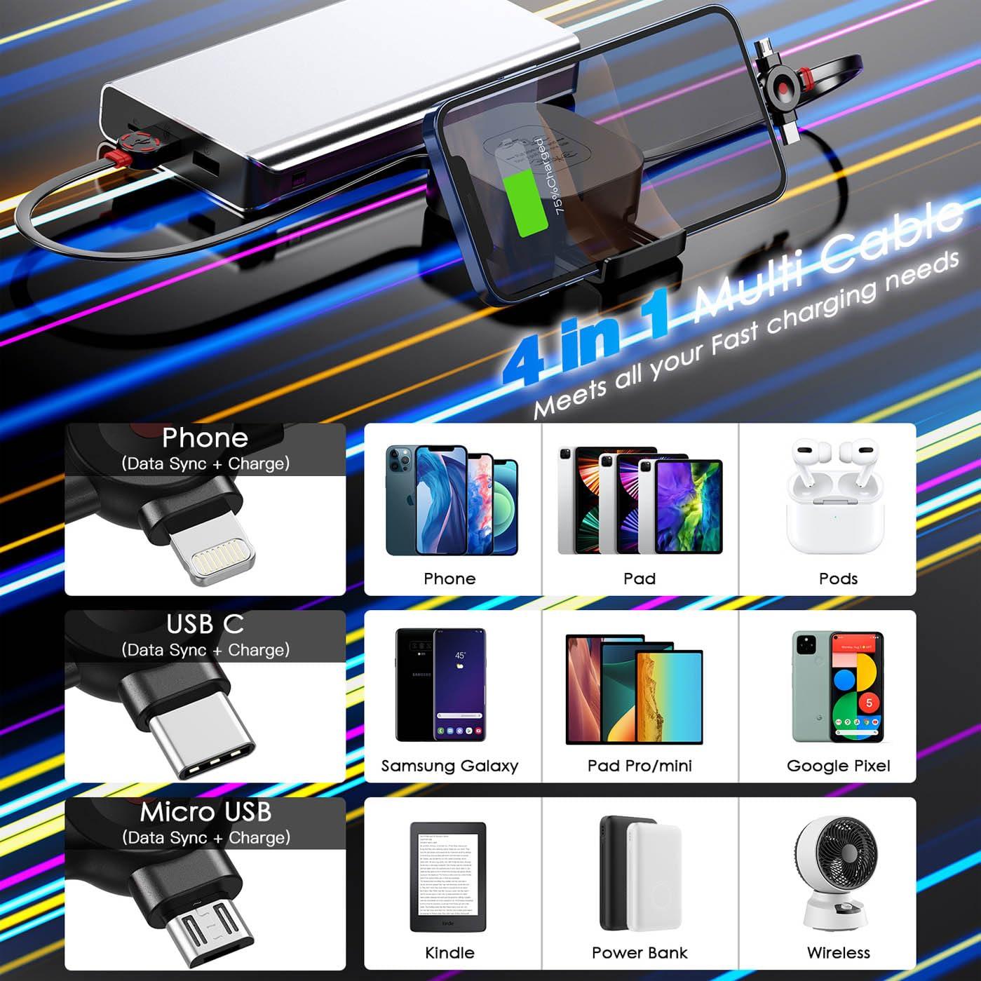 Multi Charging Cable 4.5A, 4Ft/2Pack Multi Chargers for All Devices 3 in 1 Retractable Car Cable Fast Charging USB C Cord with Type C/Micro USB Port for Samsung S24,iPhone 16 15,PS,Tablets & More