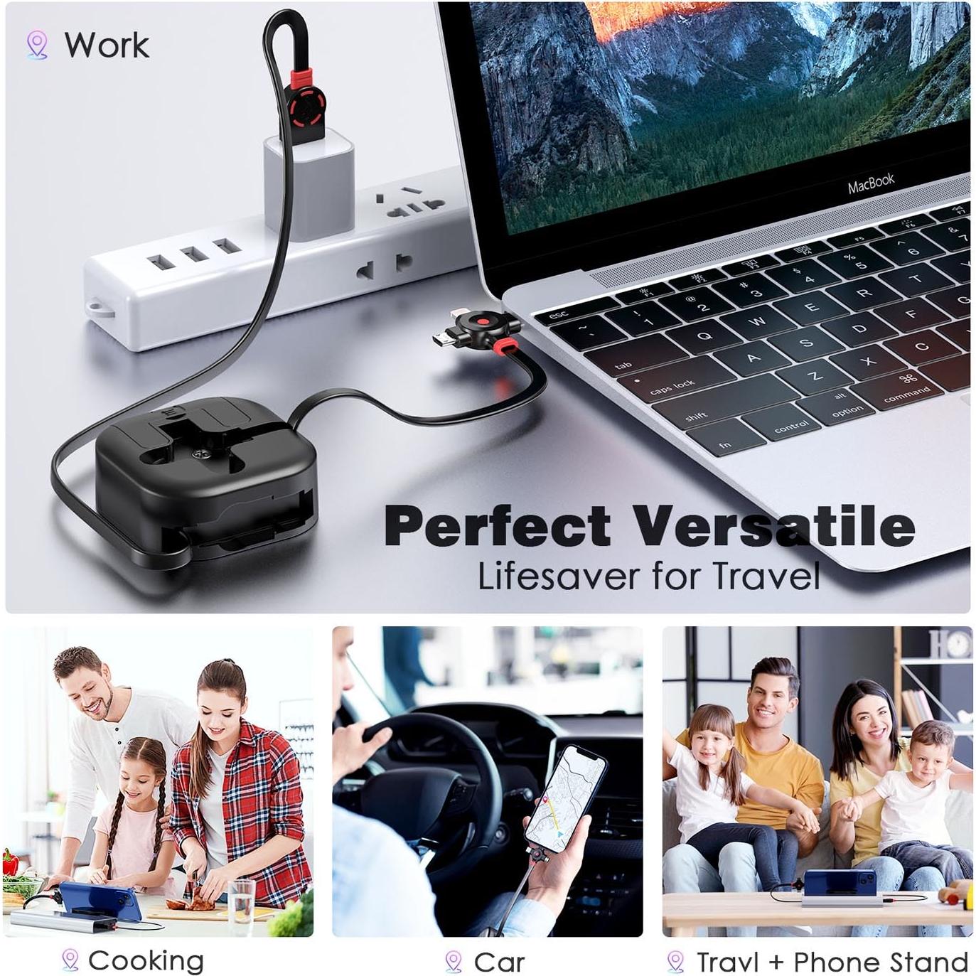 Multi Charging Cable 4.5A, 4Ft/2Pack Multi Chargers for All Devices 3 in 1 Retractable Car Cable Fast Charging USB C Cord with Type C/Micro USB Port for Samsung S24,iPhone 16 15,PS,Tablets & More