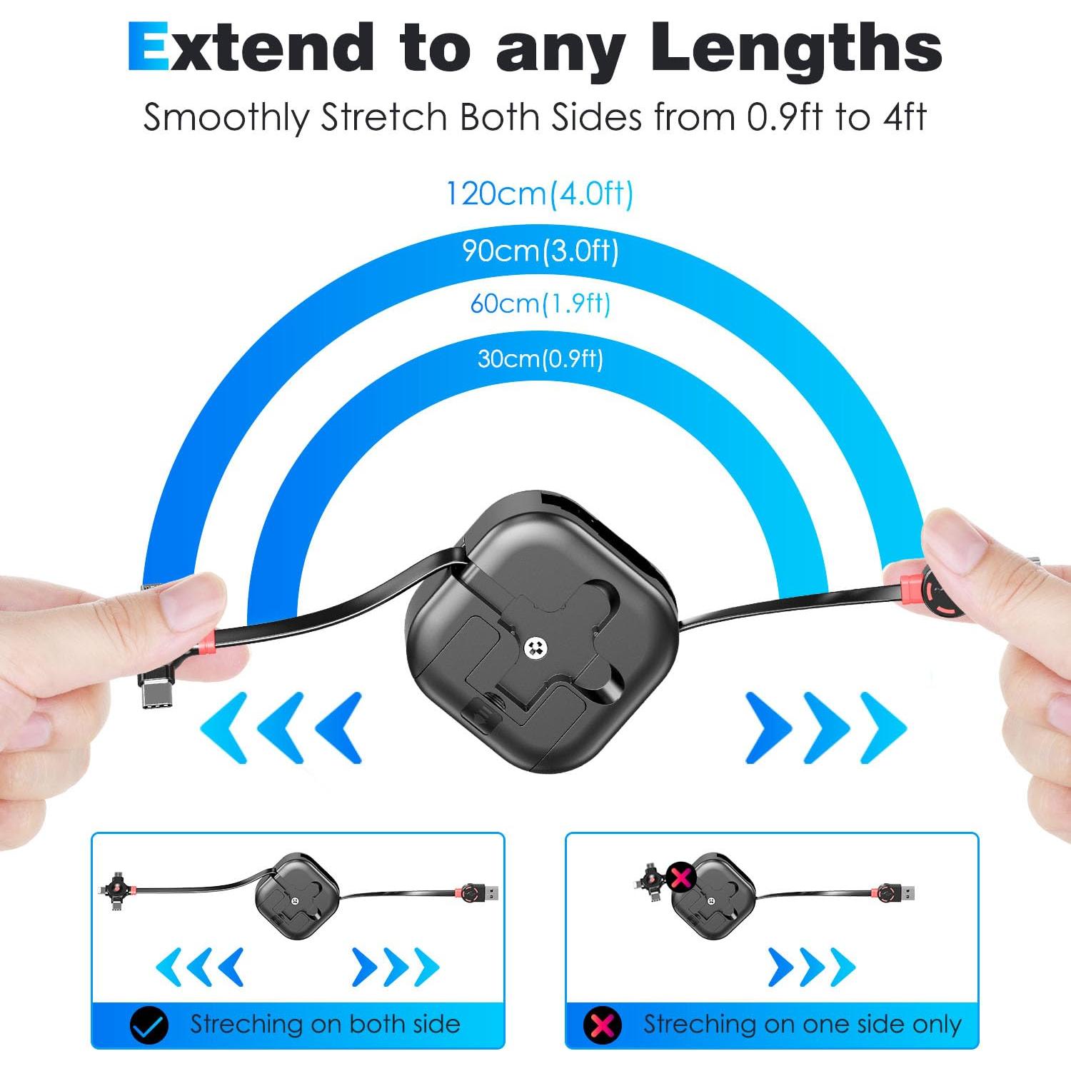 Multi Charging Cable 4.5A, 4Ft/2Pack Multi Chargers for All Devices 3 in 1 Retractable Car Cable Fast Charging USB C Cord with Type C/Micro USB Port for Samsung S24,iPhone 16 15,PS,Tablets & More