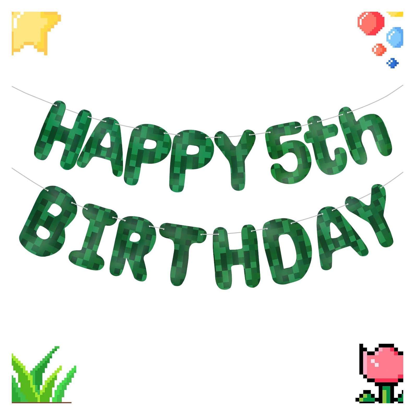 Banner de Cumpleaños Minero Pixel Verde LACEVINE Pre-ensartado