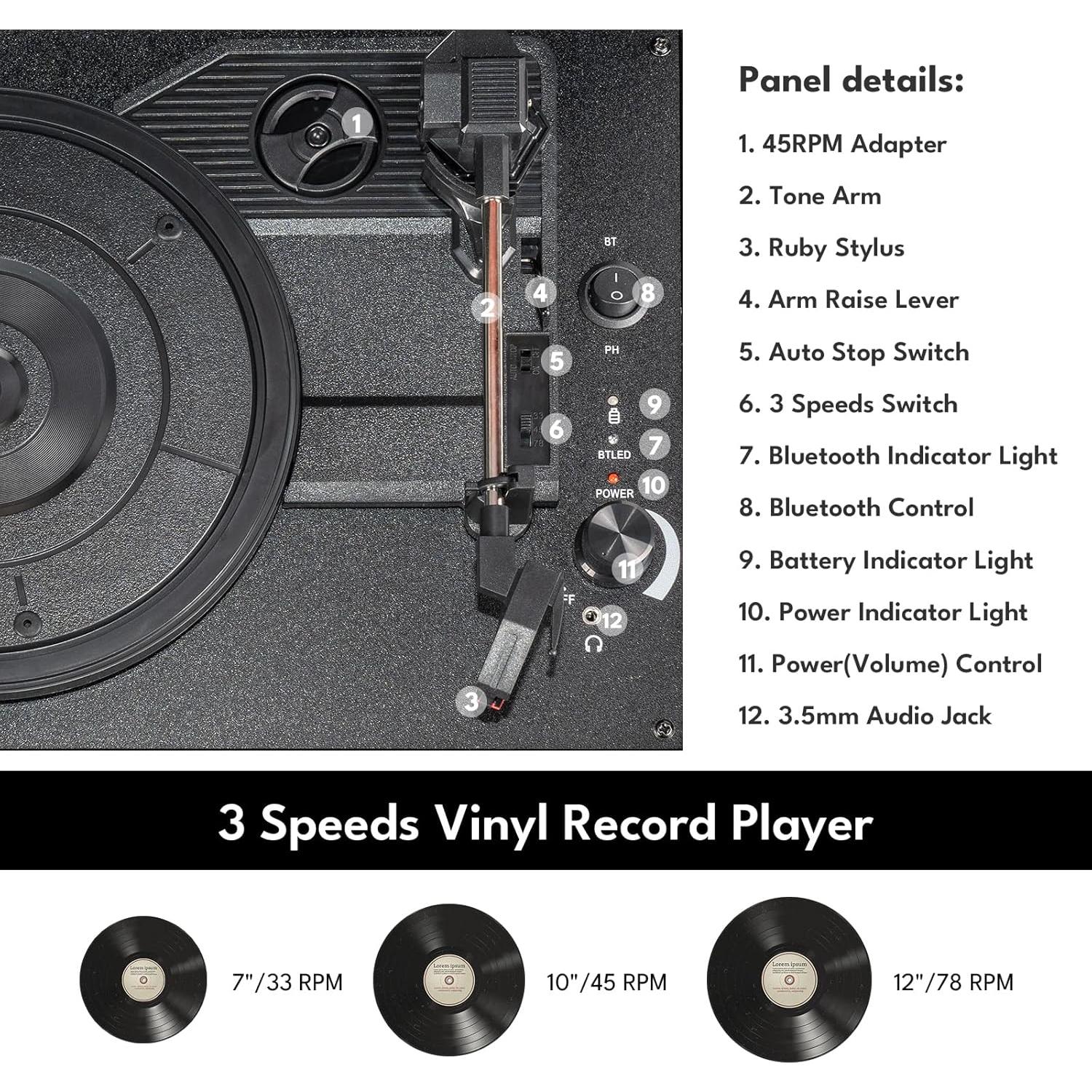 Tocadiscos Portátil GOLDSHIP T316 Bluetooth 3 Velocidades