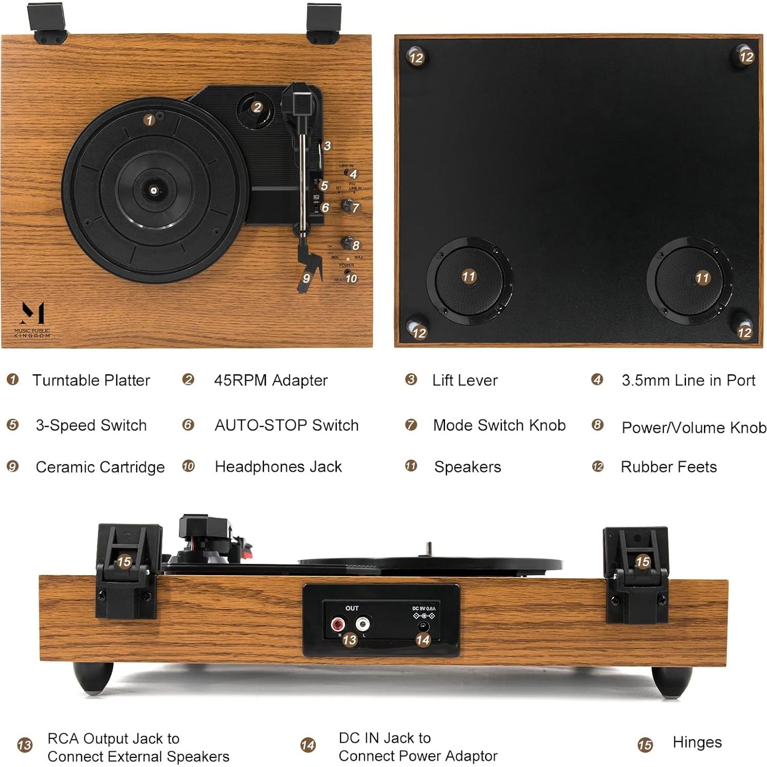 Reproductor de Vinilo Inalámbrico M Music Public Kingdom 3 Velocidades