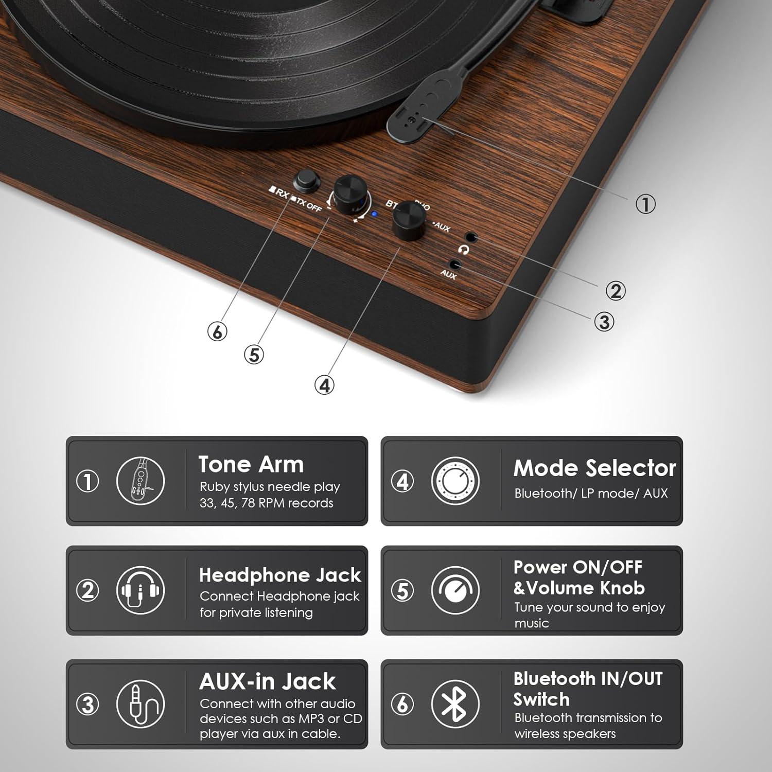 Reproductor de Vinilo Bluetooth TANLANIN TE-3008BR-TA 3 Velocidades