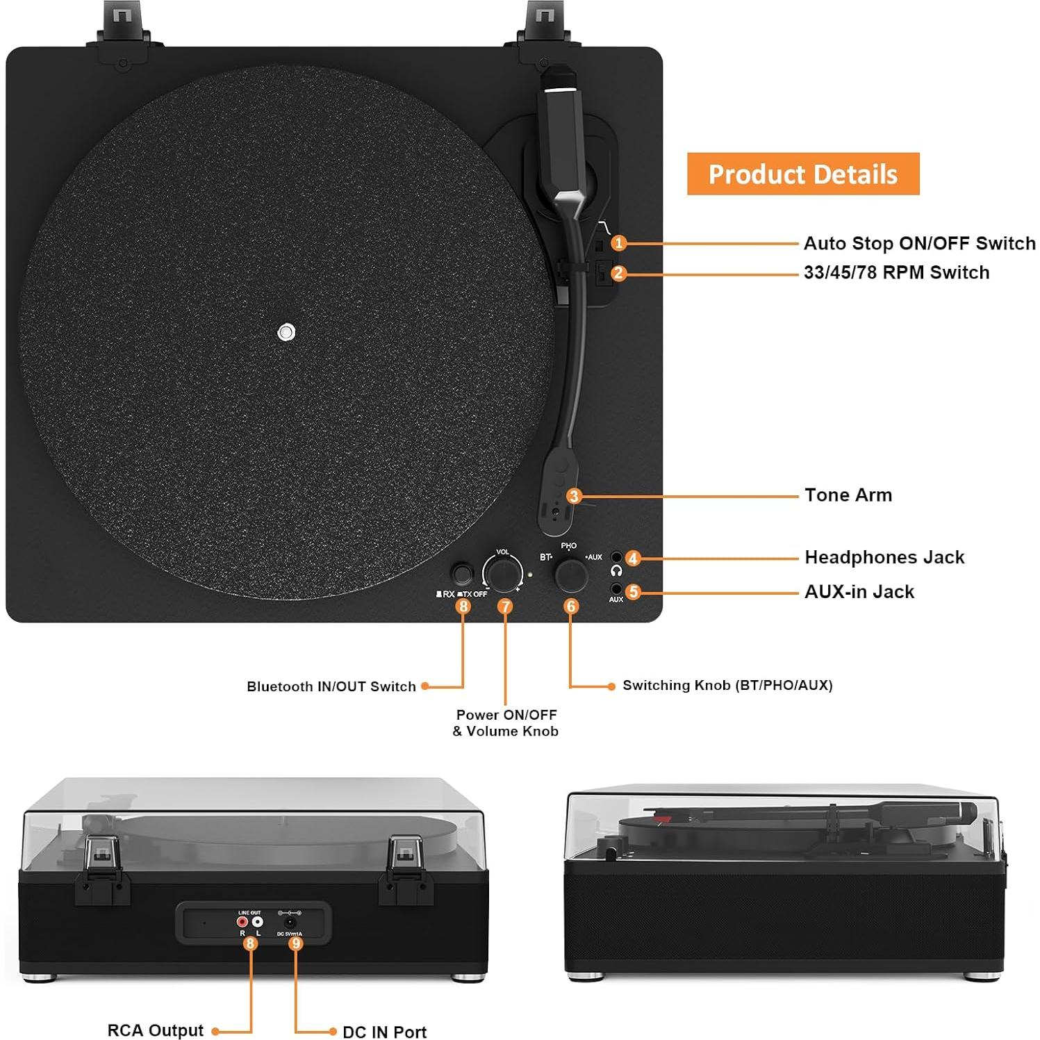 Reproductor de Vinilo Bluetooth TANLANIN TE-3008BK-TA 3 Velocidades
