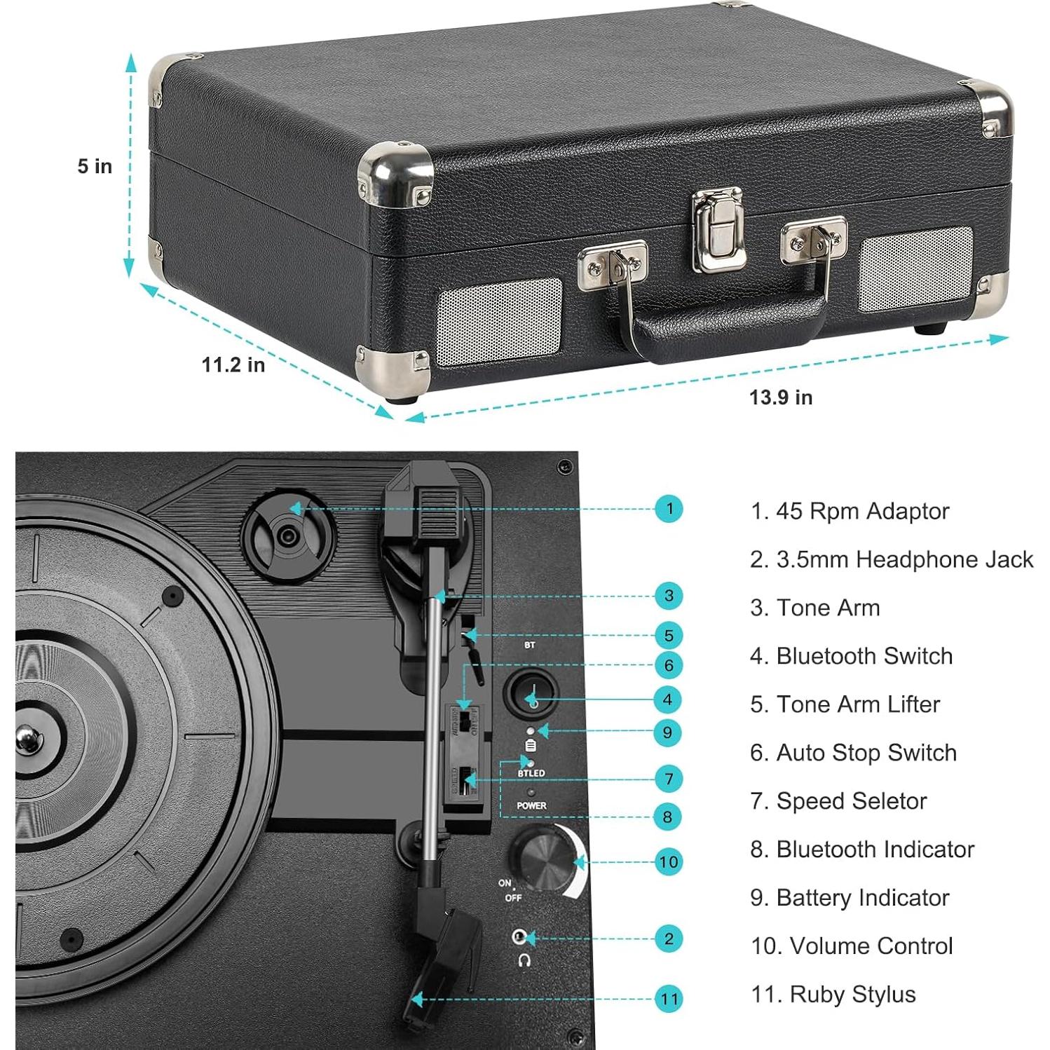 Reproductor de Vinilo PAREIKO T316 Bluetooth 3 Velocidades