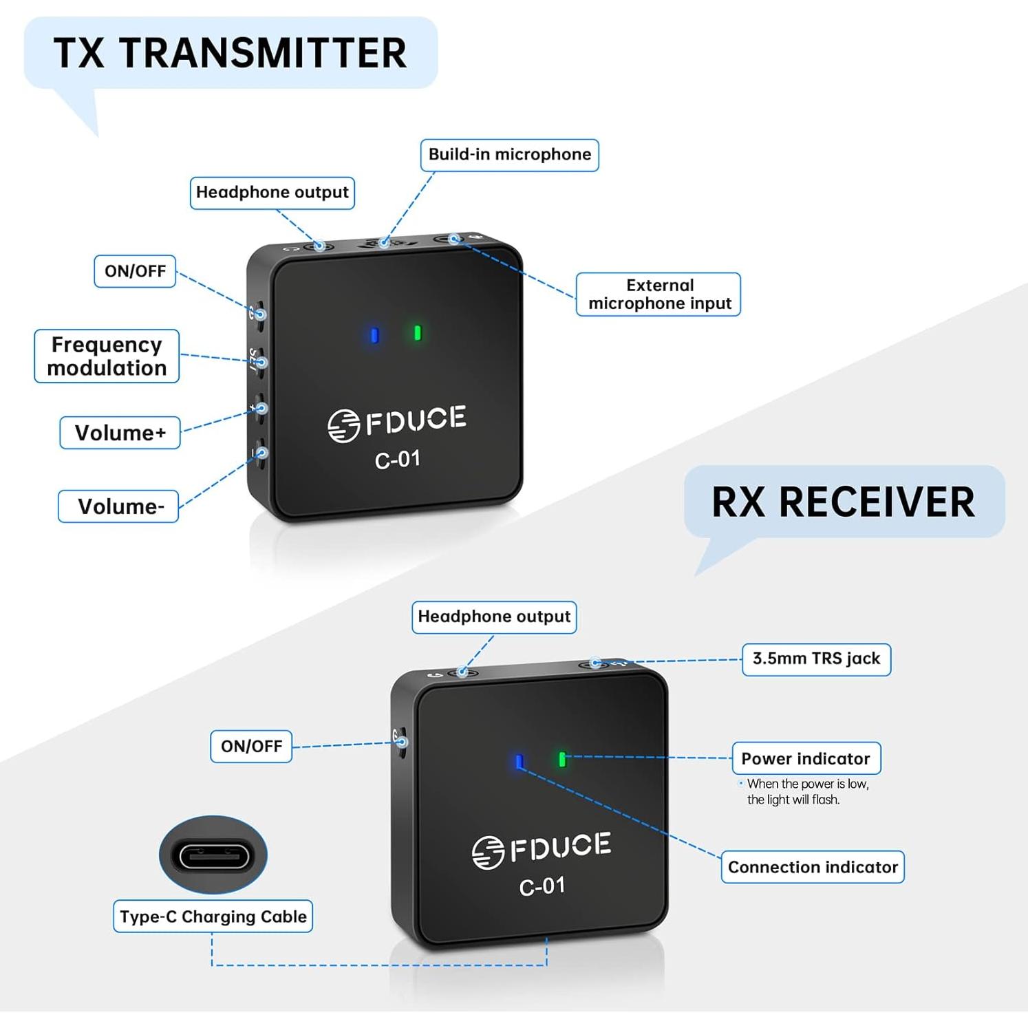 Micrófono Lavalier Inalámbrico FDUCE C01 UHF para Smartphone y Cámara