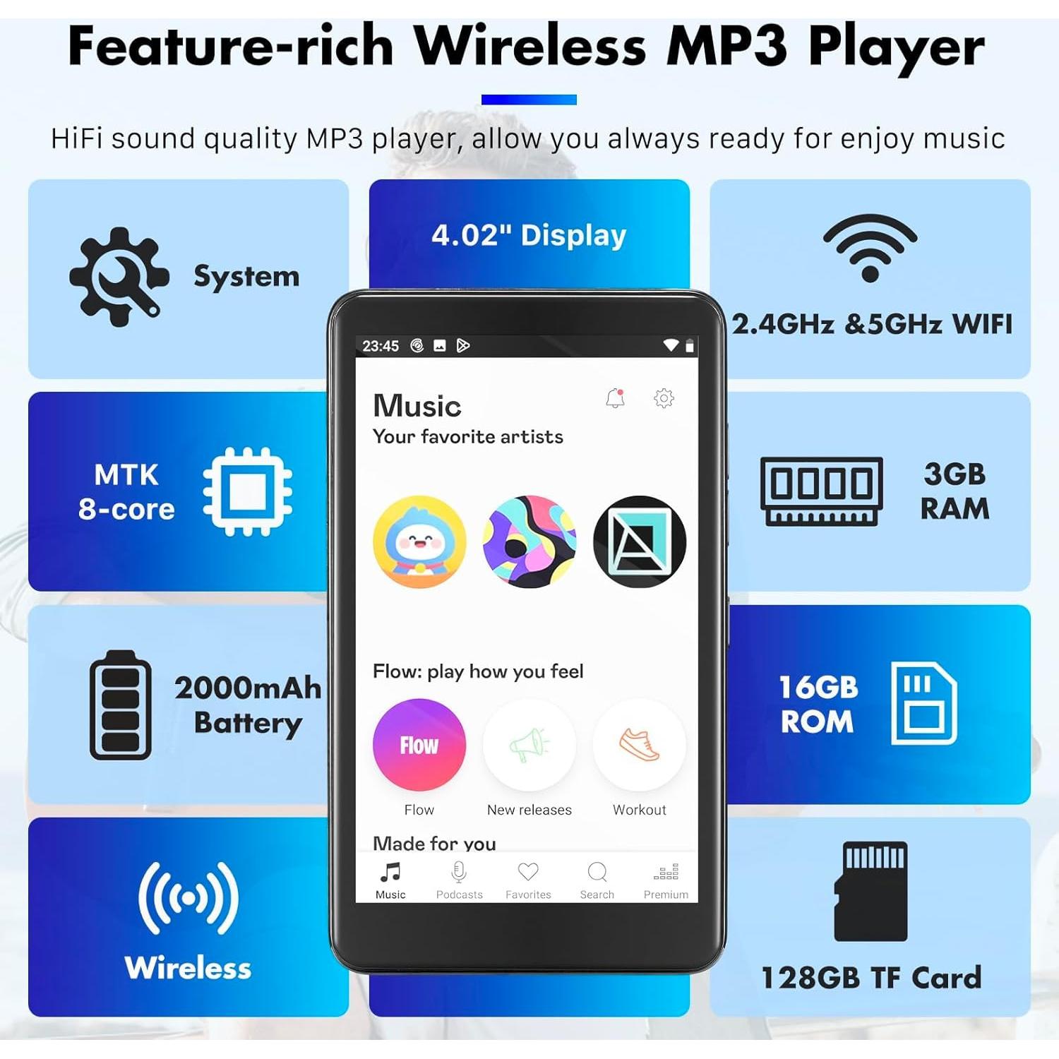 Reproductor MP3 Bluetooth KeenPlus 144GB Android 13 4"