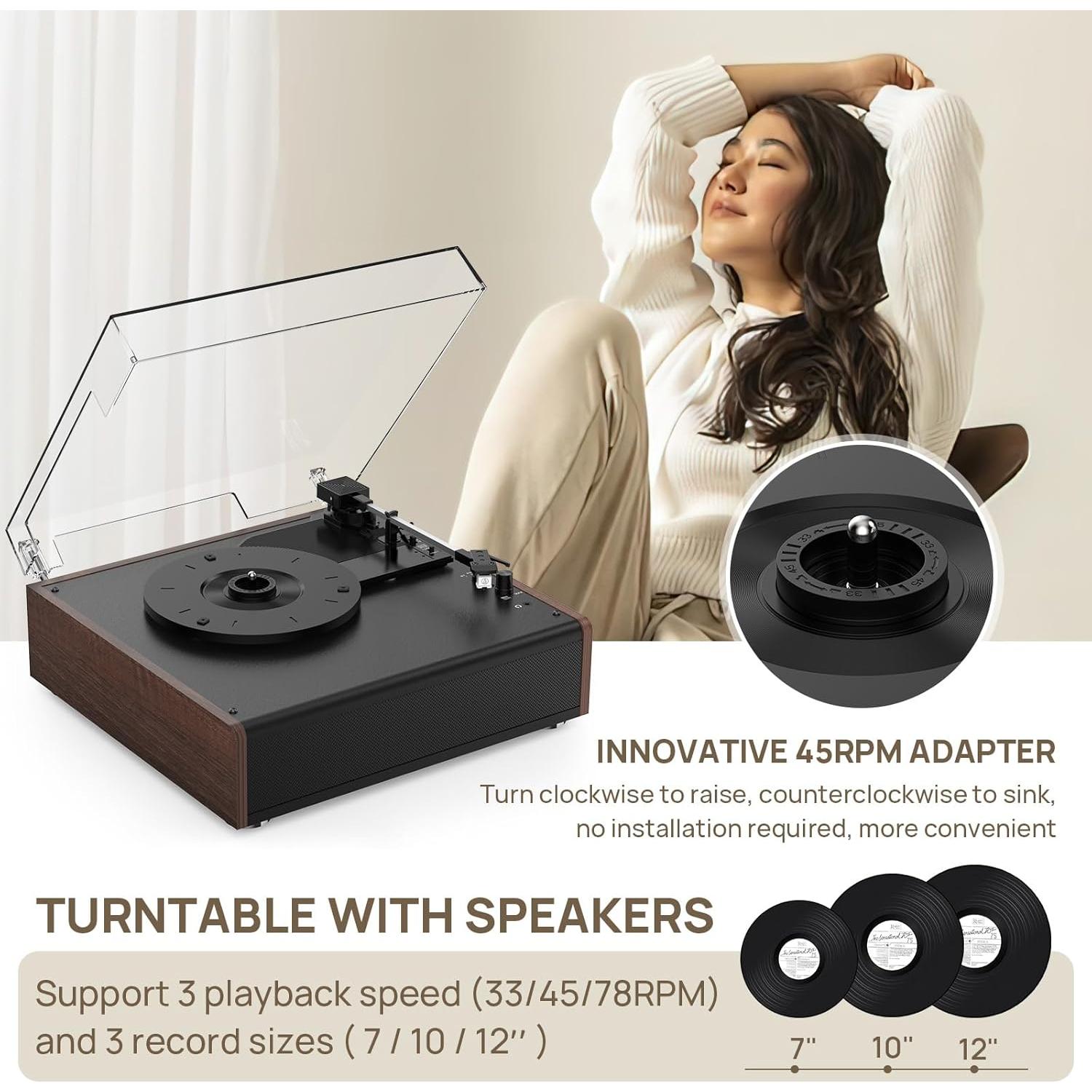 Reproductor de Vinilo Bluetooth RetroAudio JM105 Marrón 3 Velocidades