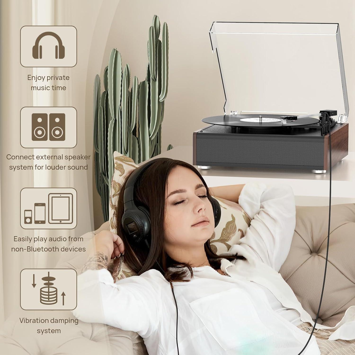 Reproductor de Vinilo Bluetooth RetroAudio JM105 Marrón 3 Velocidades