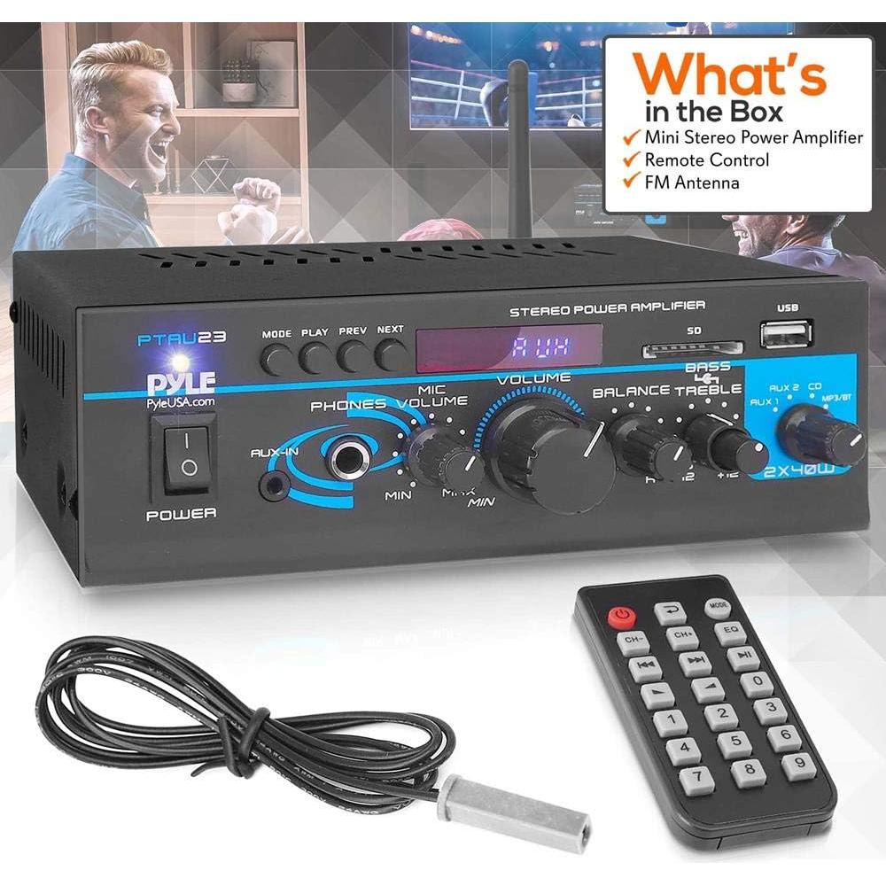 Pyle Home Audio Bluetooth Power Amplifier System - 2X40W Mini Dual Channel Mixer Sound Stereo Receiver Box with RCA, USB, AUX, Headphone, Mic Input, Theater, Home Entertainment, Studio Use, PTAU23